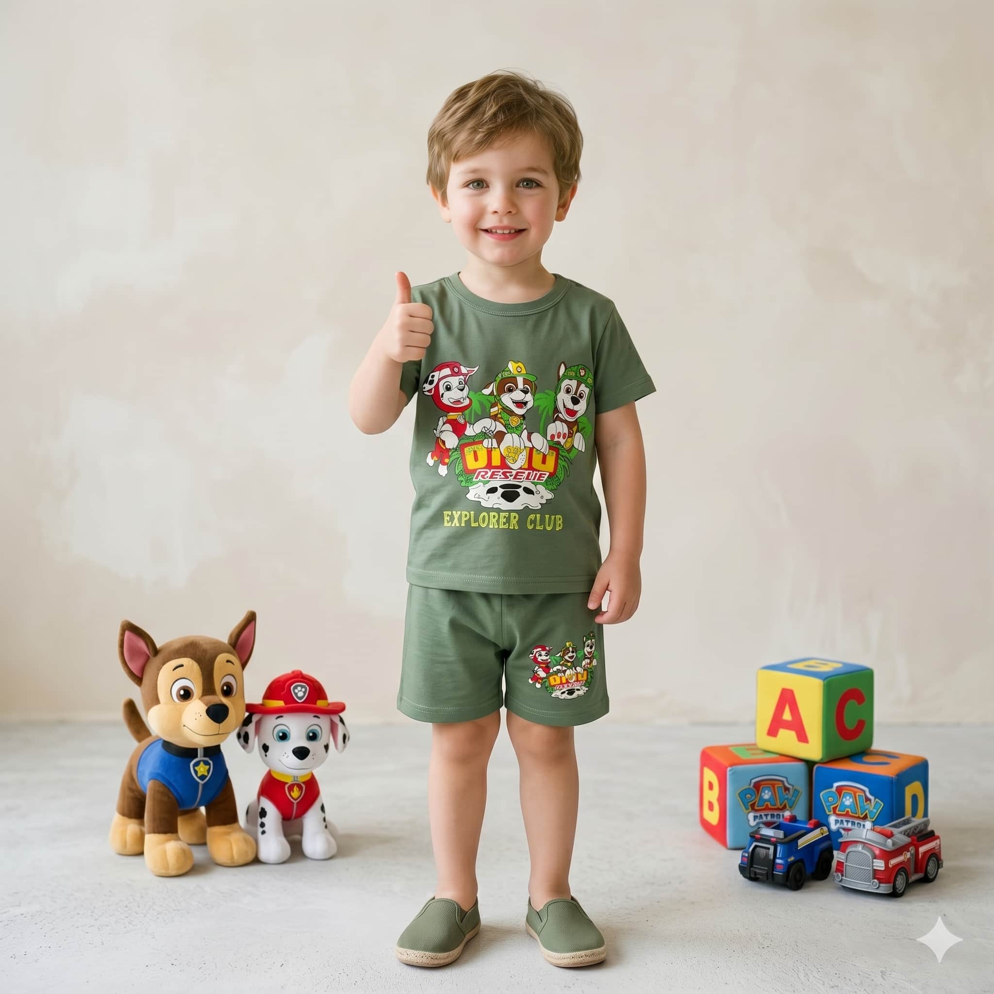 Dino Rescue Boys Short Set - Olive Green
