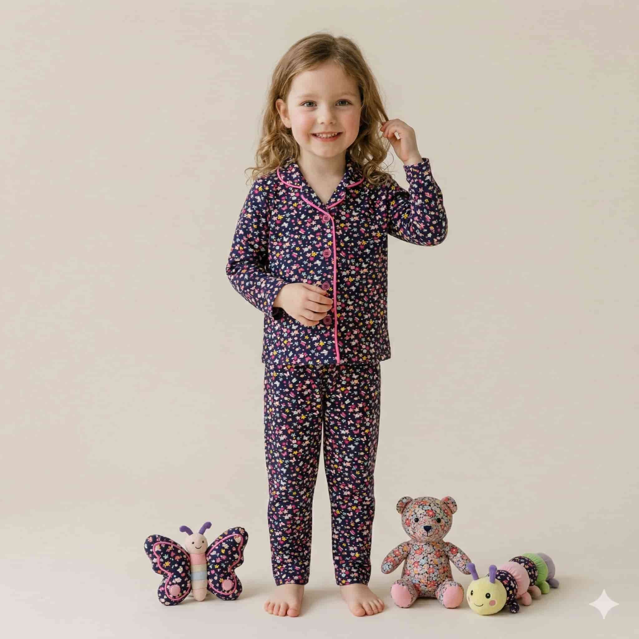 Midnight Bloom Girls Full Sleeves Button Pajama Set - Black