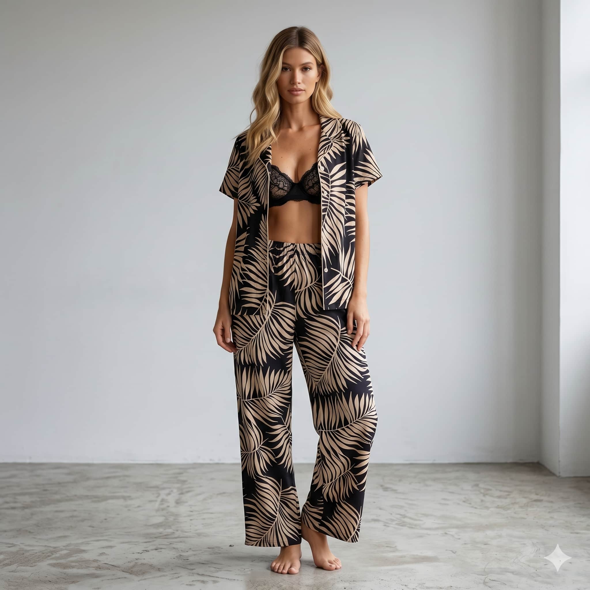 Midnight Tropics Women Half Sleeves Pajama Set - Black