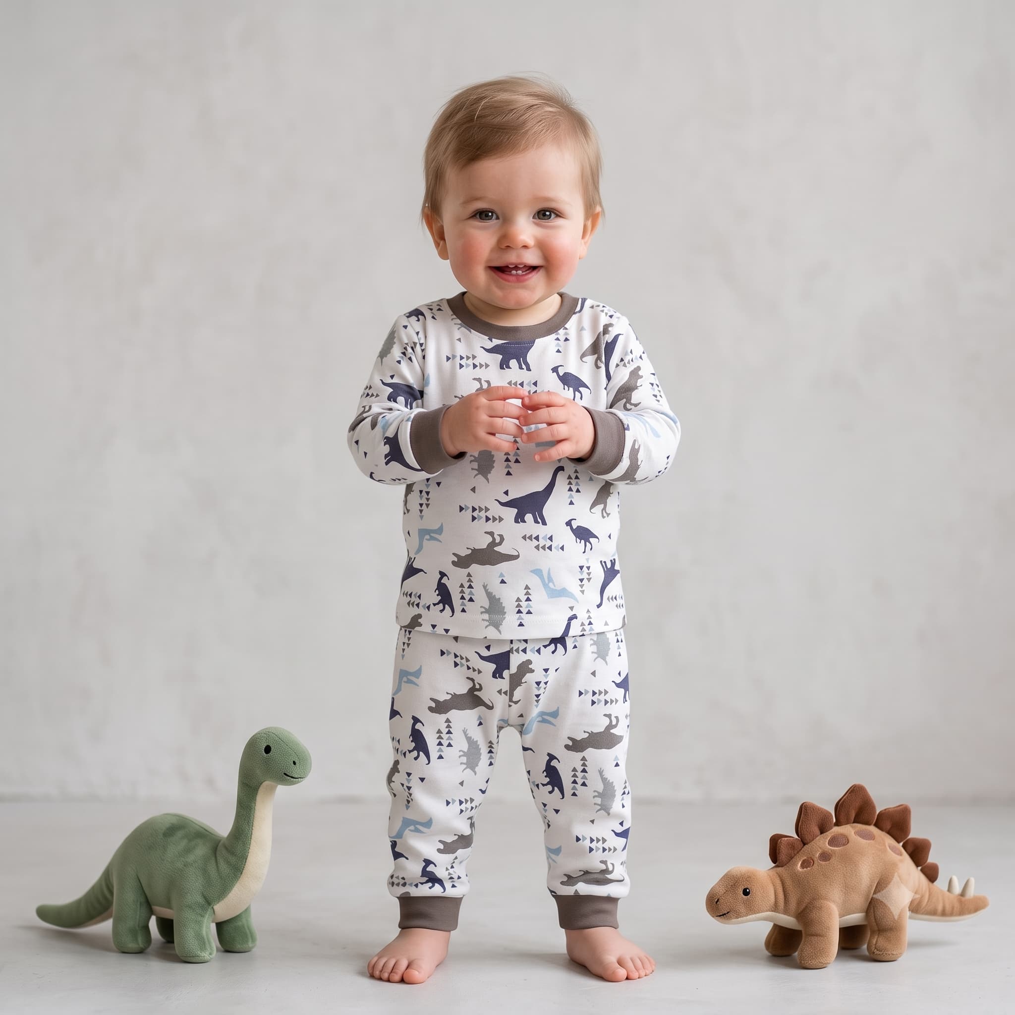 Dino Drift Baby Boys Full Sleeves Pajama Set – White