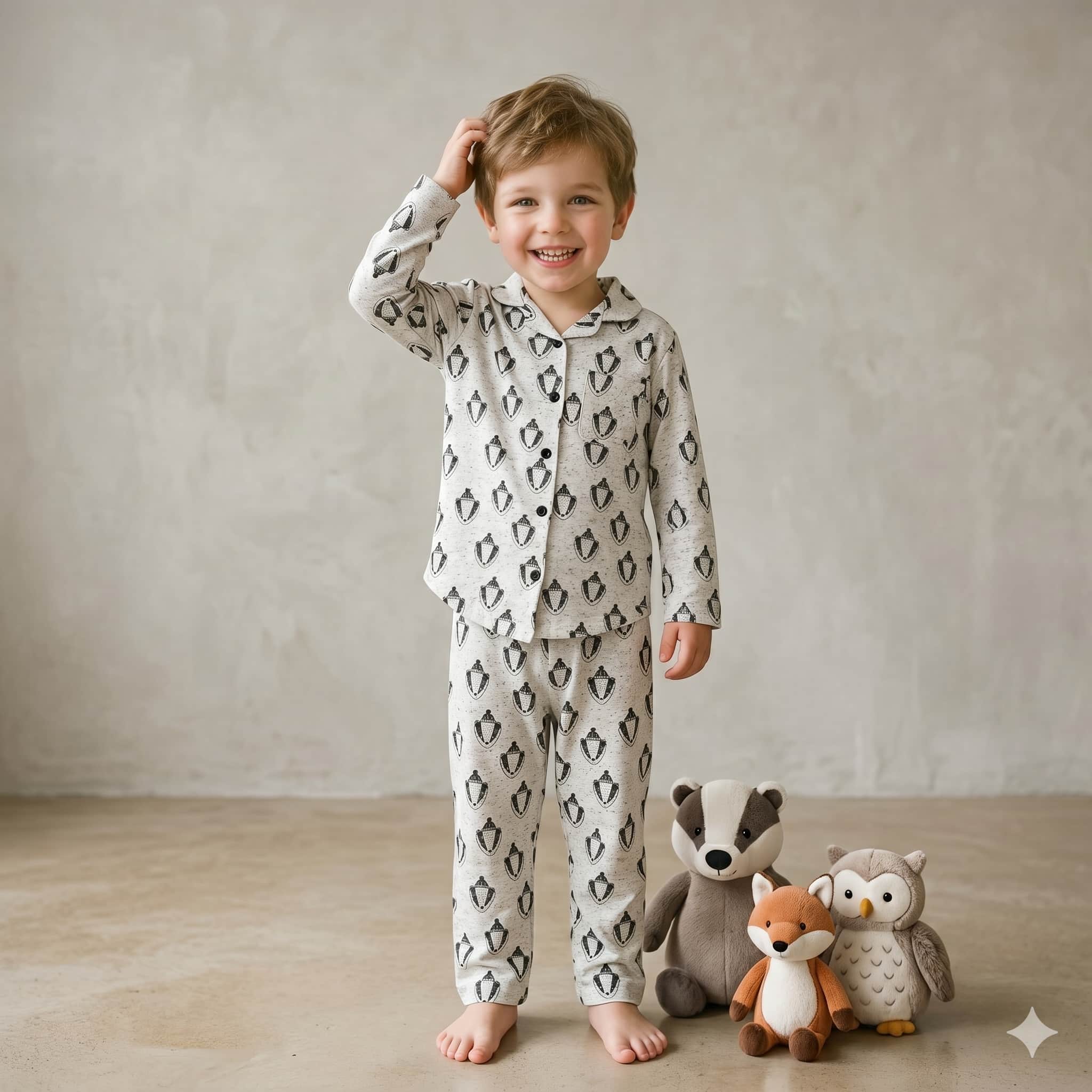Wild Wonder Full sleeves Boys Button Pajama Set - Grey