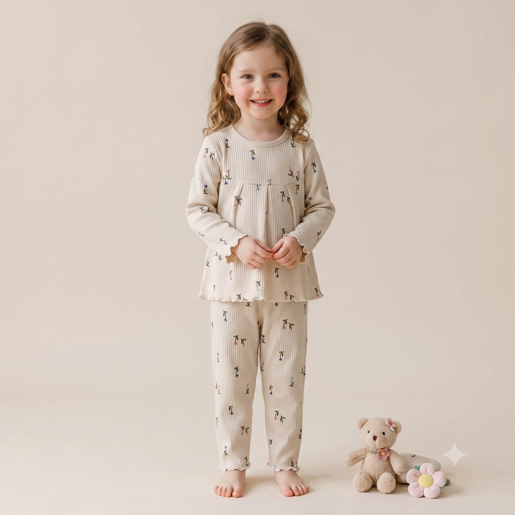 Delicate Buds Girls Full Sleeves Pajama Set - Beige