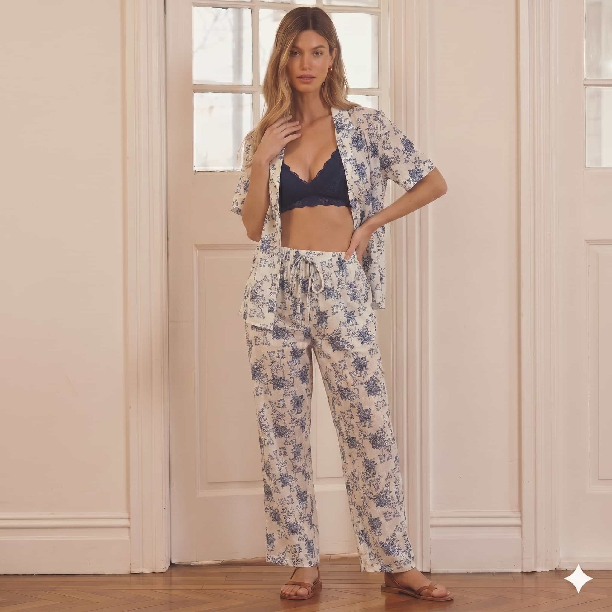 Midnight Bloom Women Half Sleeves Pajama Set – Blue