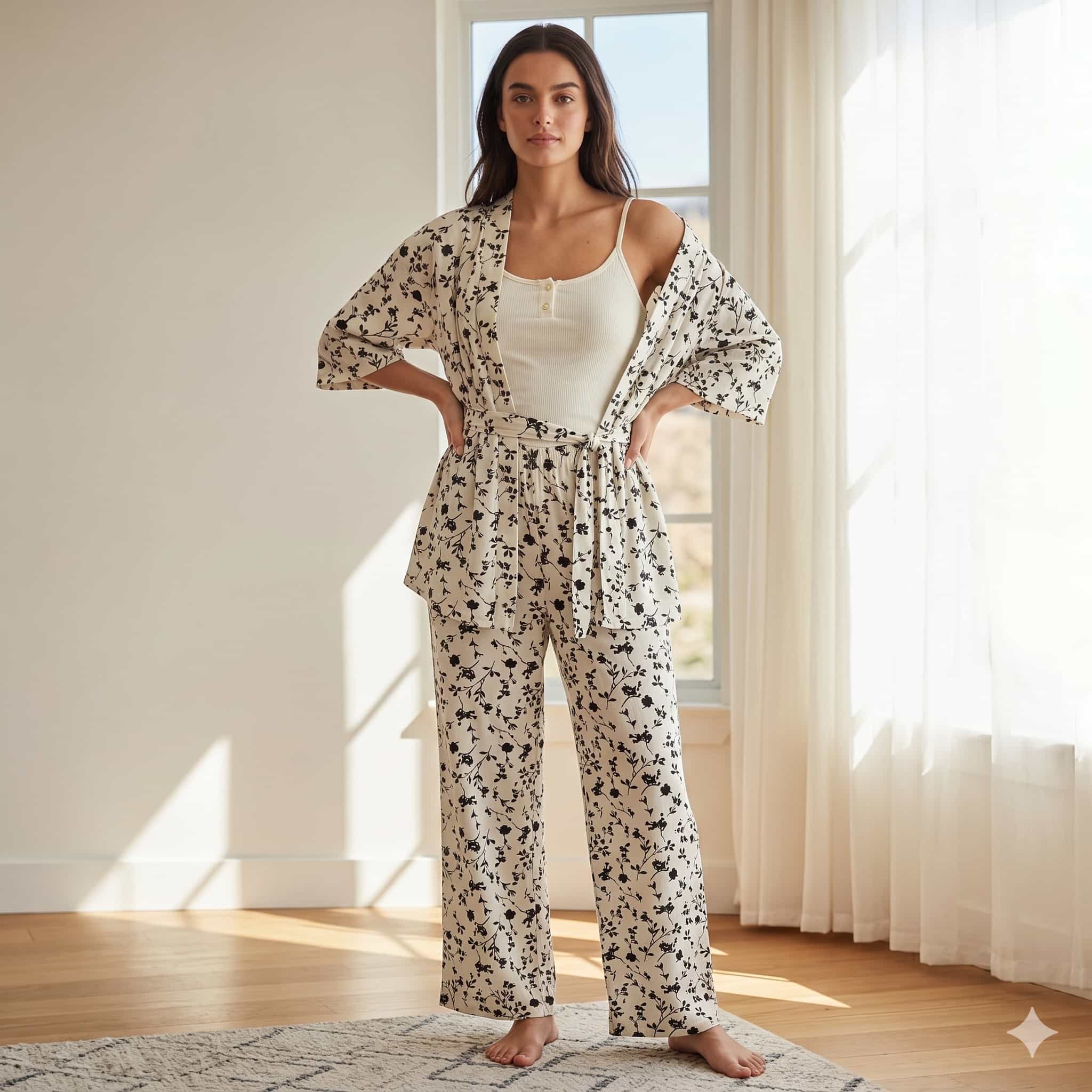 Noir Blossom Women 3 Pcs  Pajama Set - White