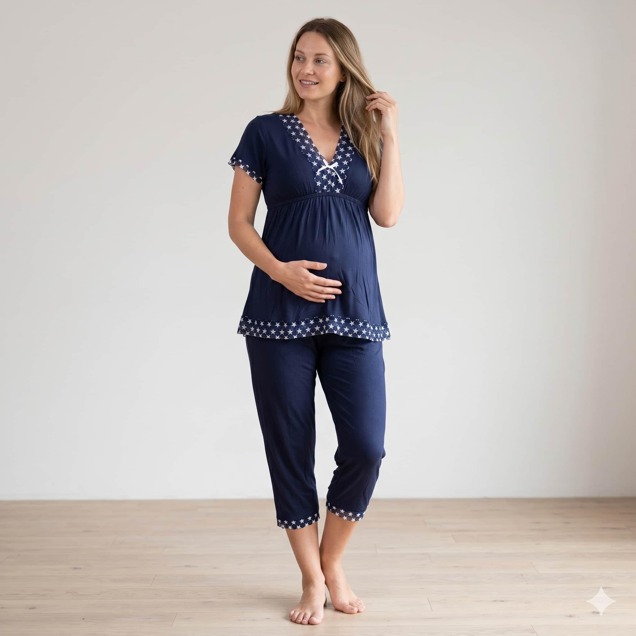 Starry Night Women Half Sleeves Pajama Set - Navy Blue