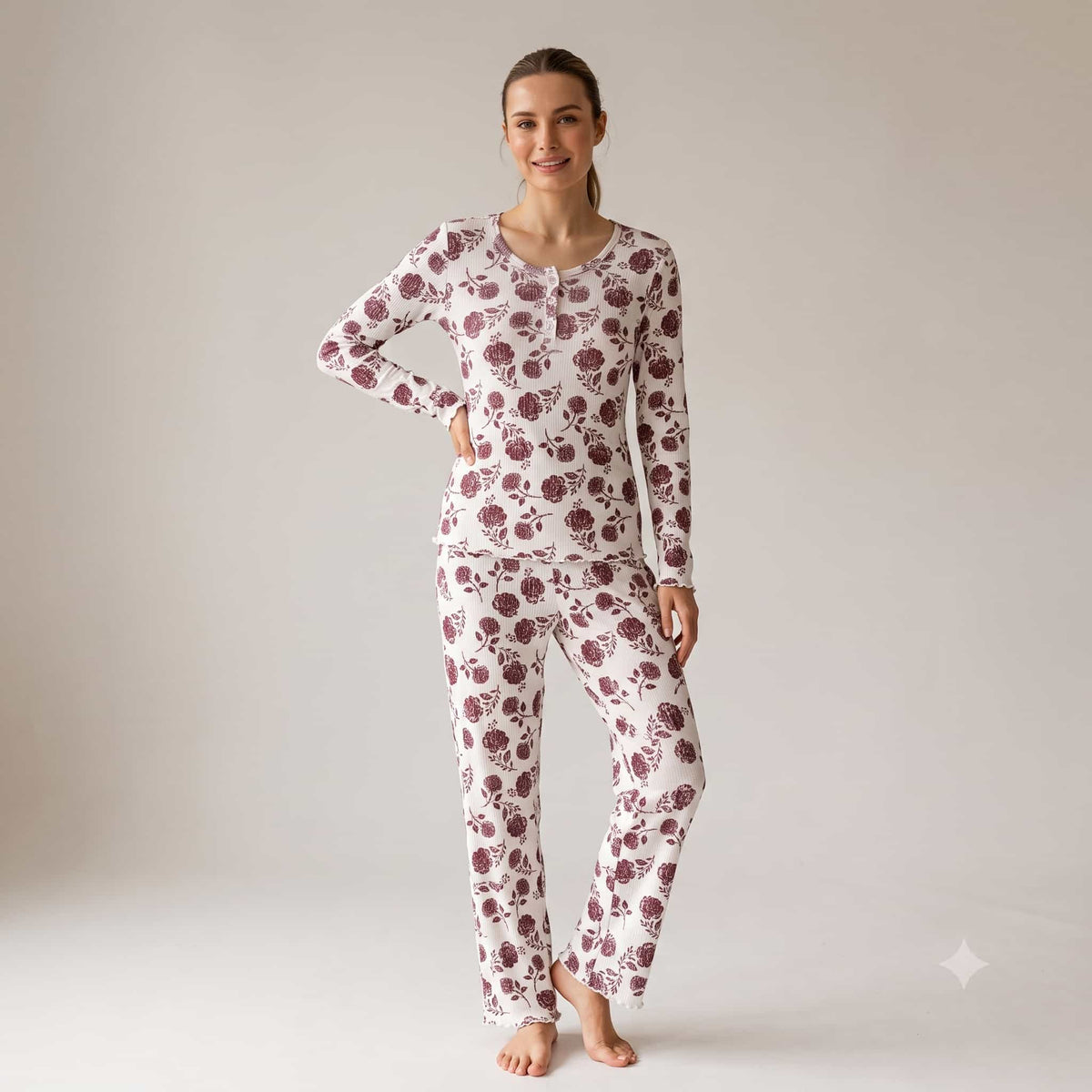 Floral Charm Women Full Sleeves Pajama Set – Cream