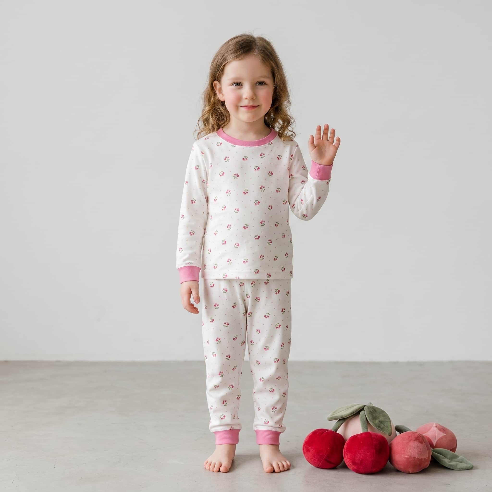 Cherry Charm Girls Full Sleeves Pajama Set - Cream