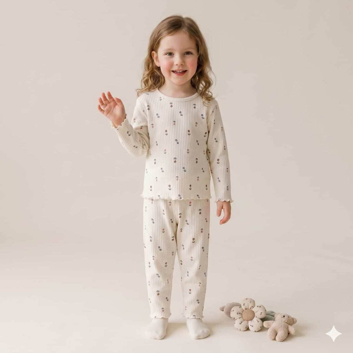 Daisy Whispers Girls Full Sleeves Pajama Set – Ivory Cream