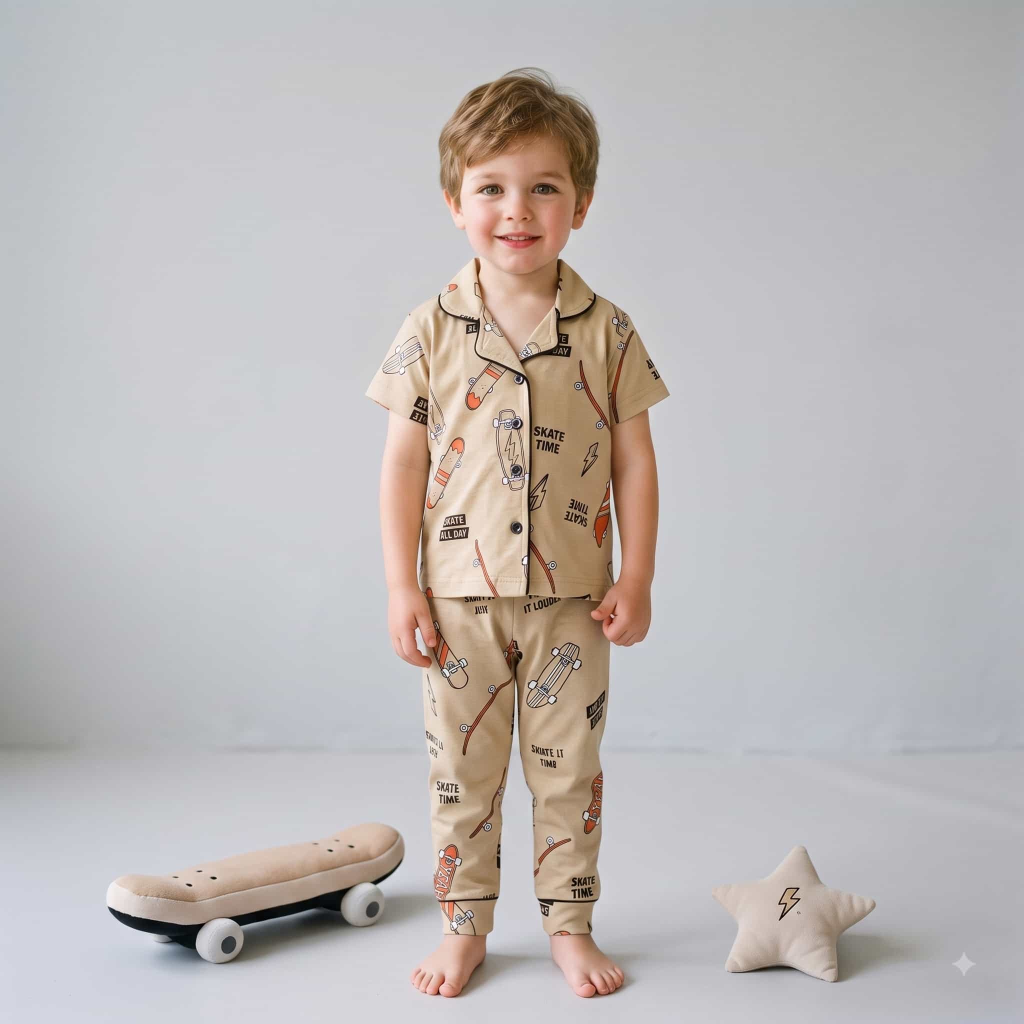 Skate Life Boys Half Sleeves Pajama Set - Beige