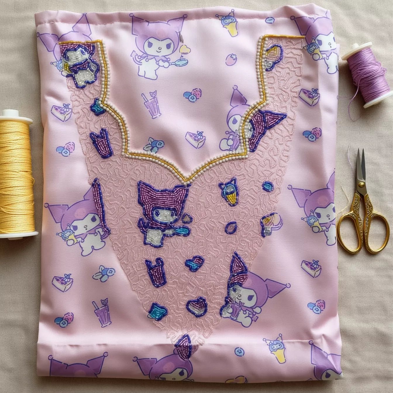 Kuromi Playing Girls Embroidered Mukhawir - Pink