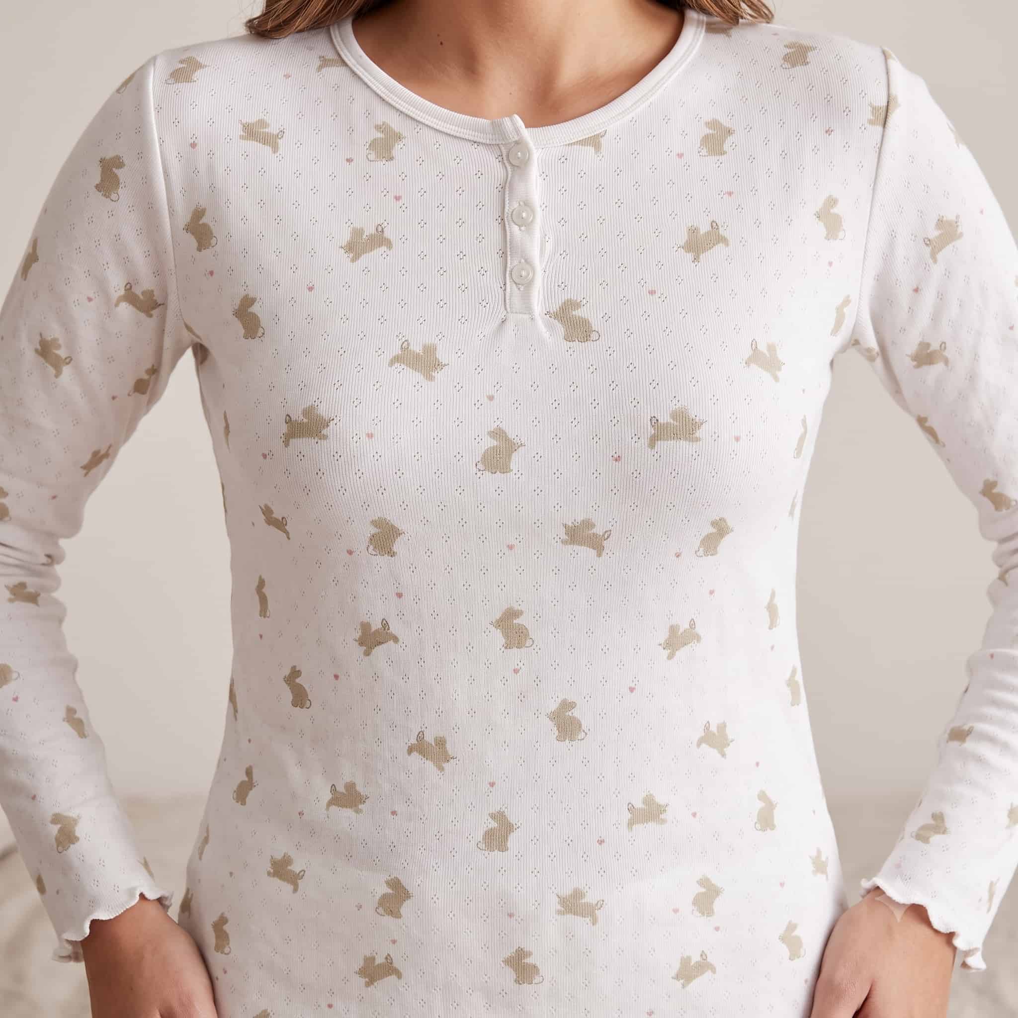 Playful Hop Women Full Sleeve Pajama Set - Crisp White