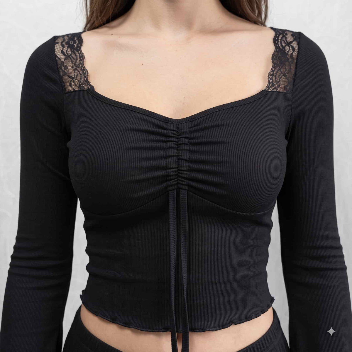 Square Neck Pointelle Knit Women Pajama Set - Black