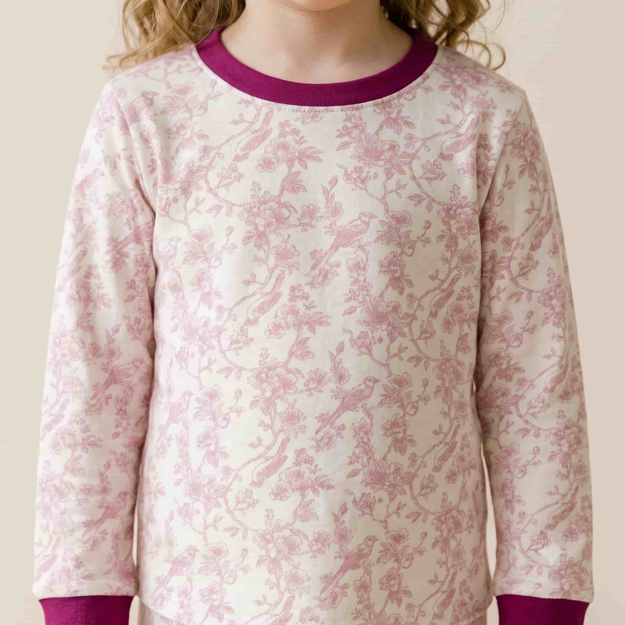Vintage Toile Girls Full Sleeves Pajama Set - Burgundy