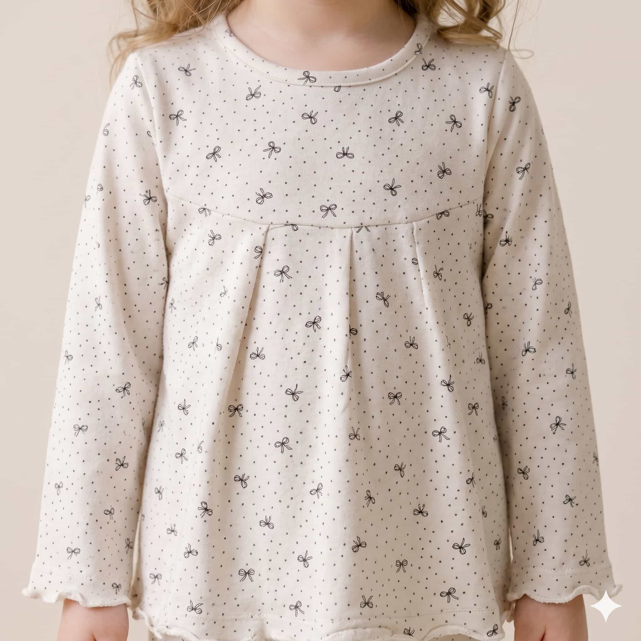 Petite Bows Girls Full Sleeves Pajama Set - Cream