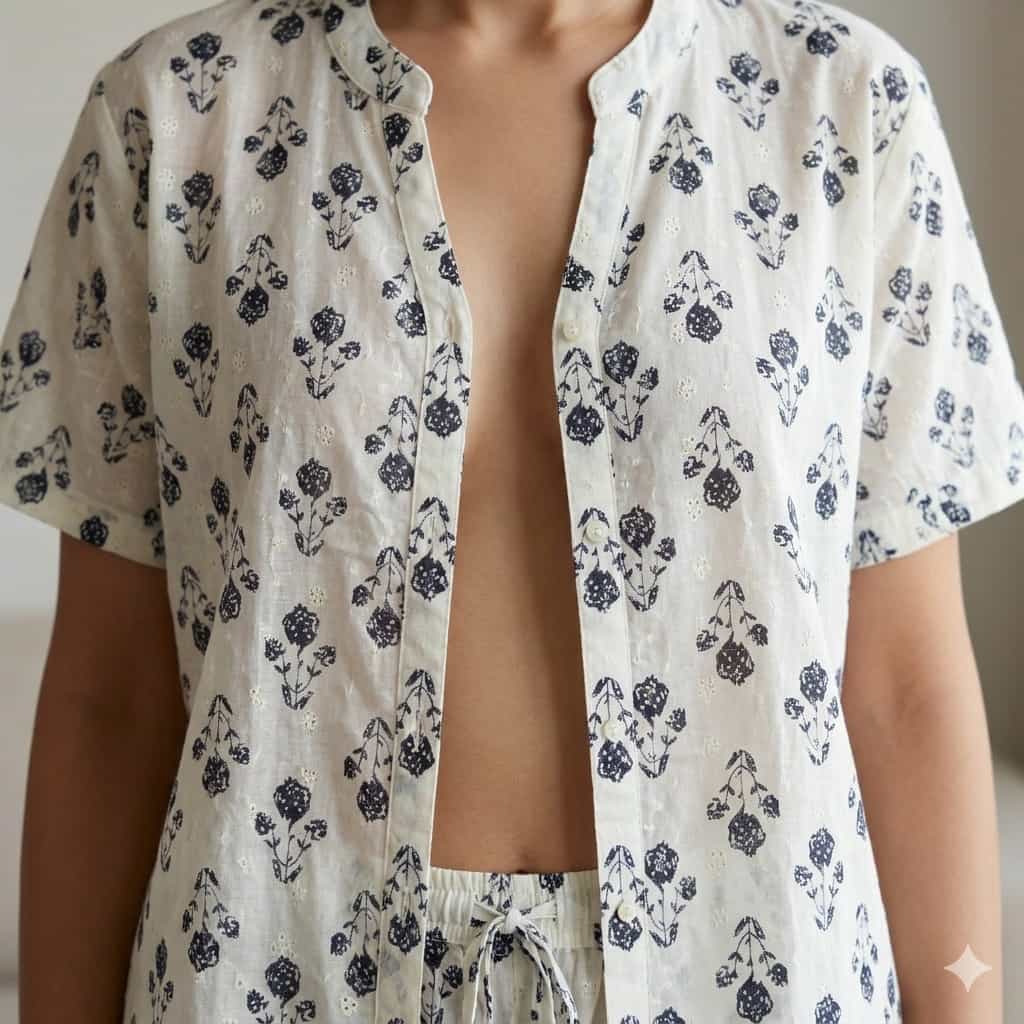 Indigo Charm Women Half Sleeves Pajama Set – White Blue