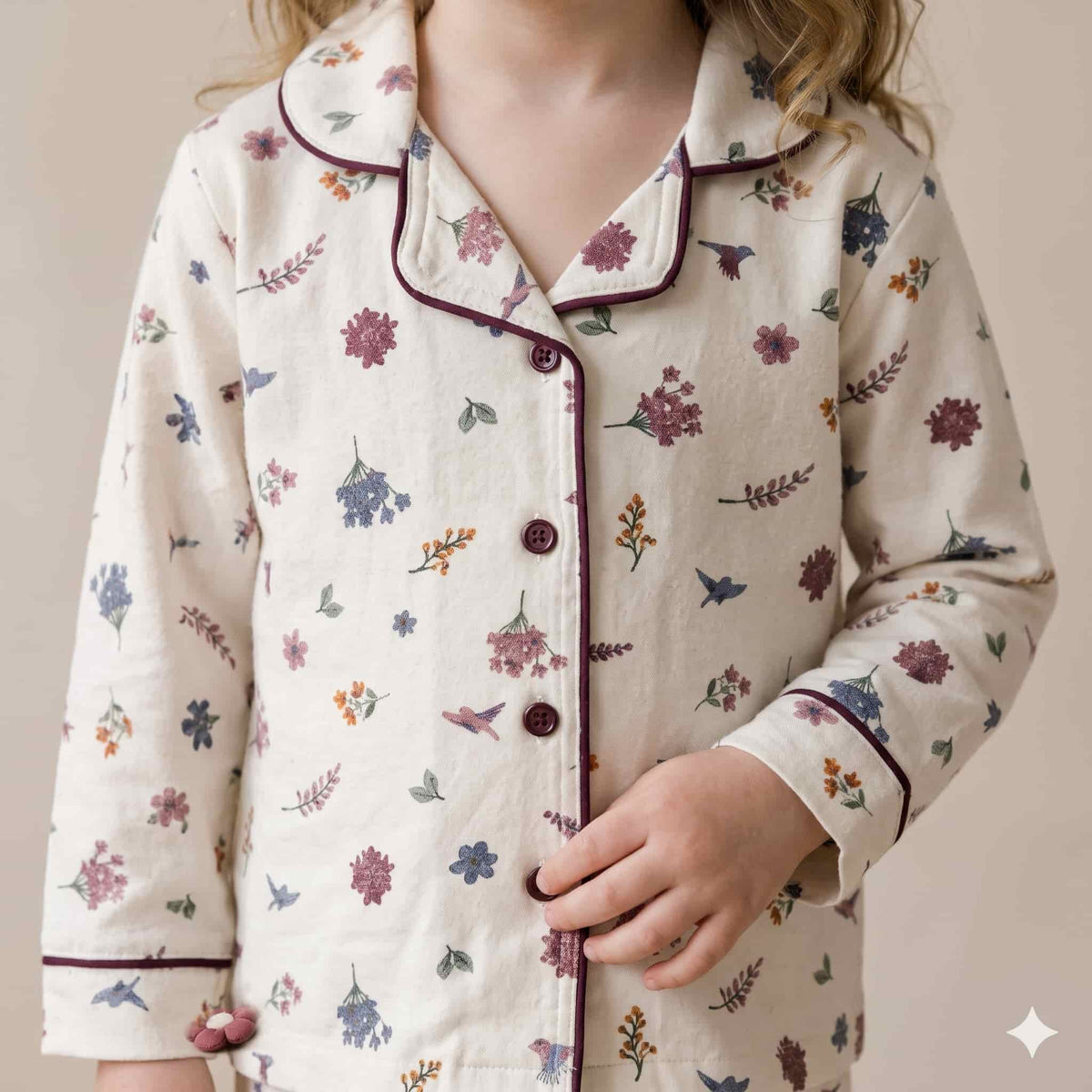 Floral Bliss Girls Full Sleeves Pajama Set - Cream & Multicolor