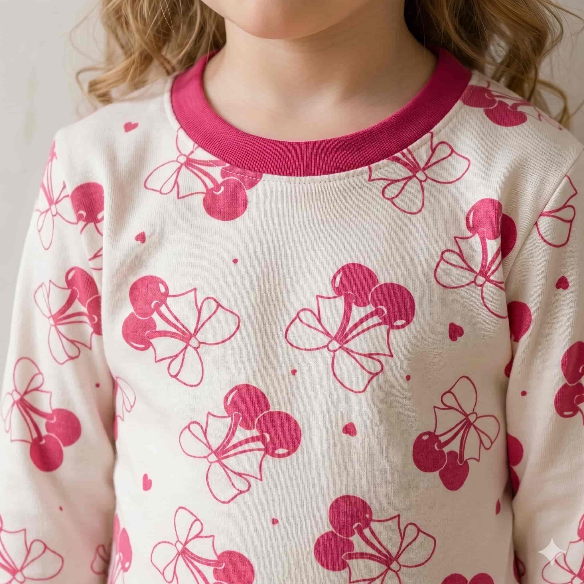 Cherry Bloom Girls Full Sleeves Pajama Set - Cream
