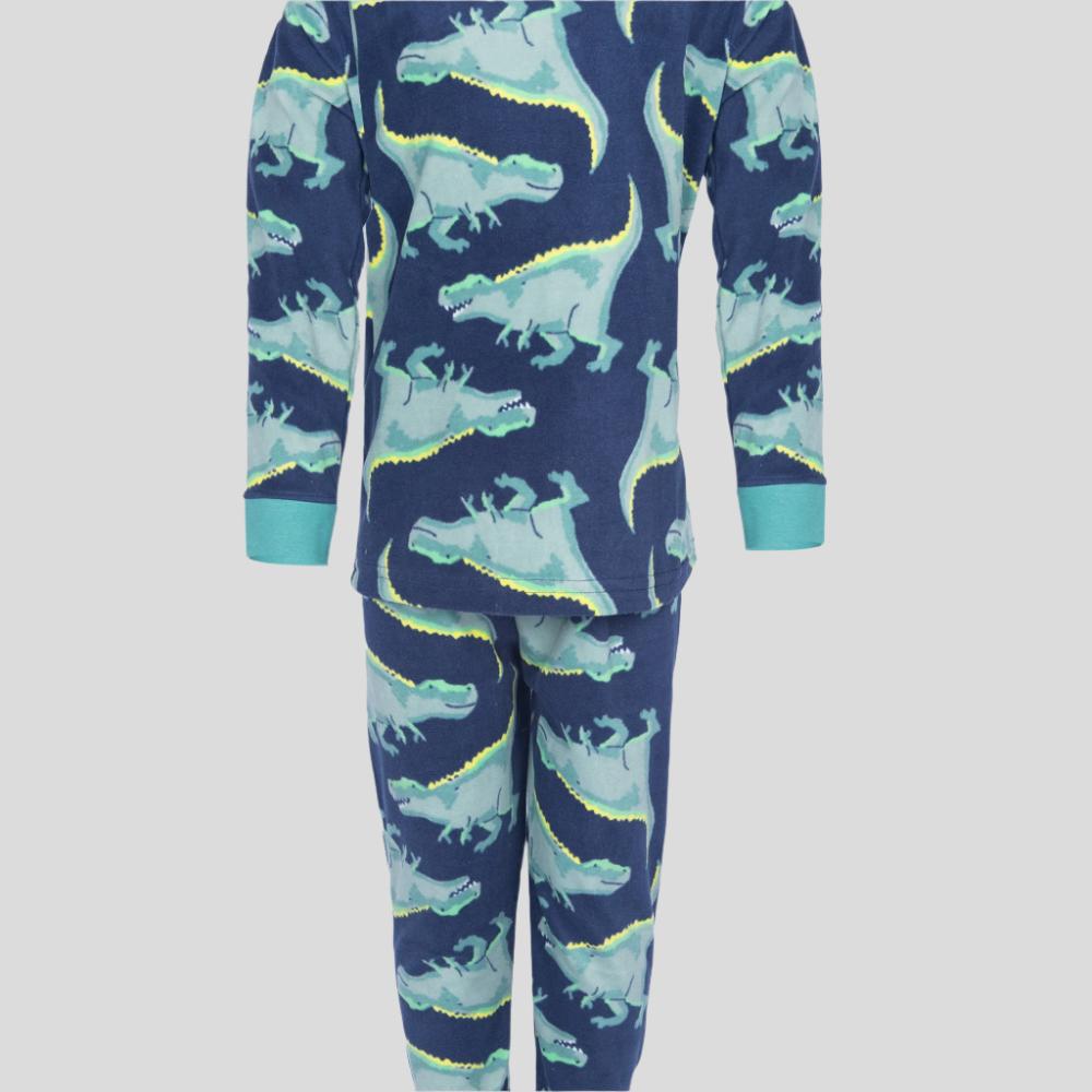 Dino Boys Fleece Full Sleeves Pajama Set - Black-Green