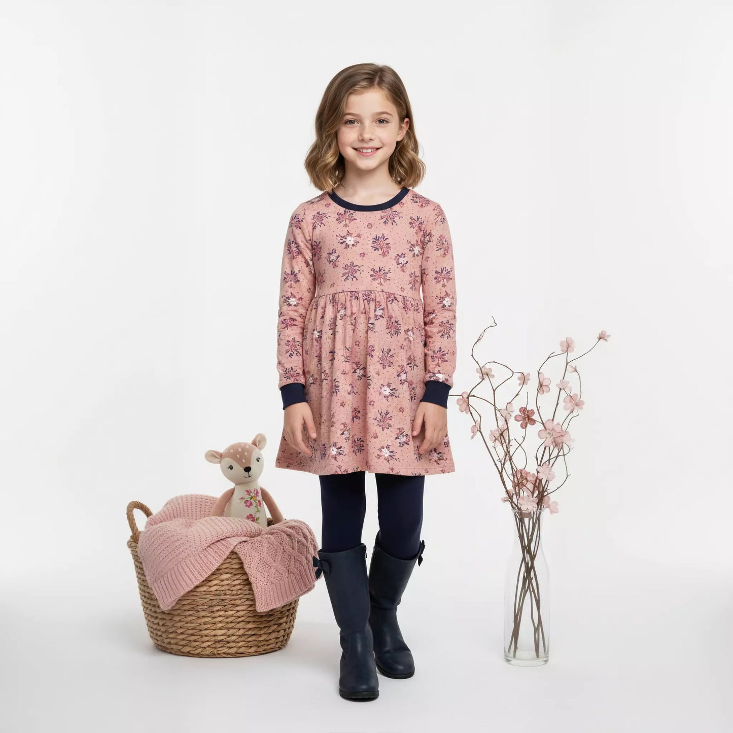 Floral Girl Fleece Fustan- Dark Peach