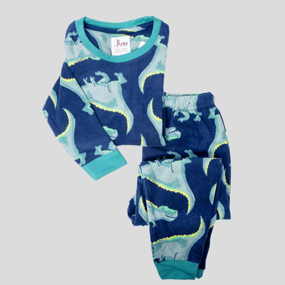 Dino Boys Fleece Full Sleeves Pajama Set - Black-Green