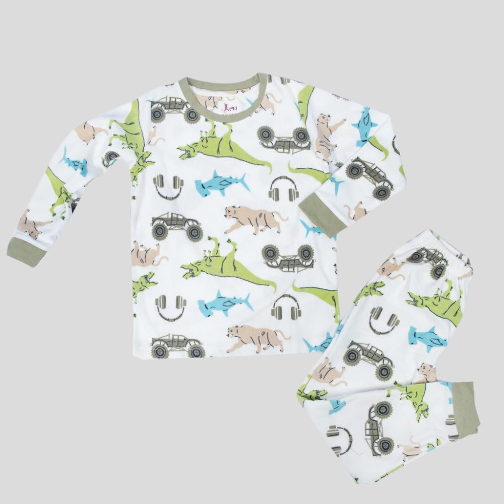 Animal Boys Fleece Pajama Set - White & Green