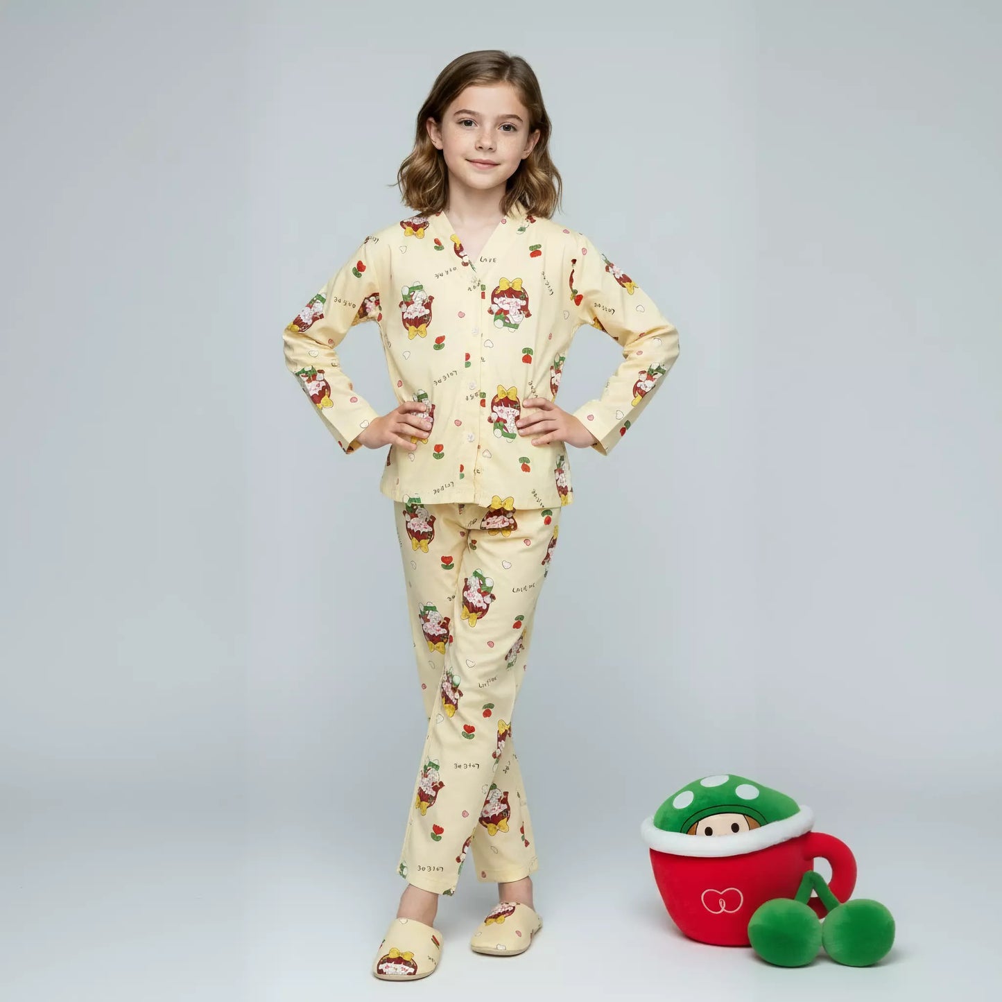 Love Me Girls Woven Rayon Button Pajama Set - Yellow