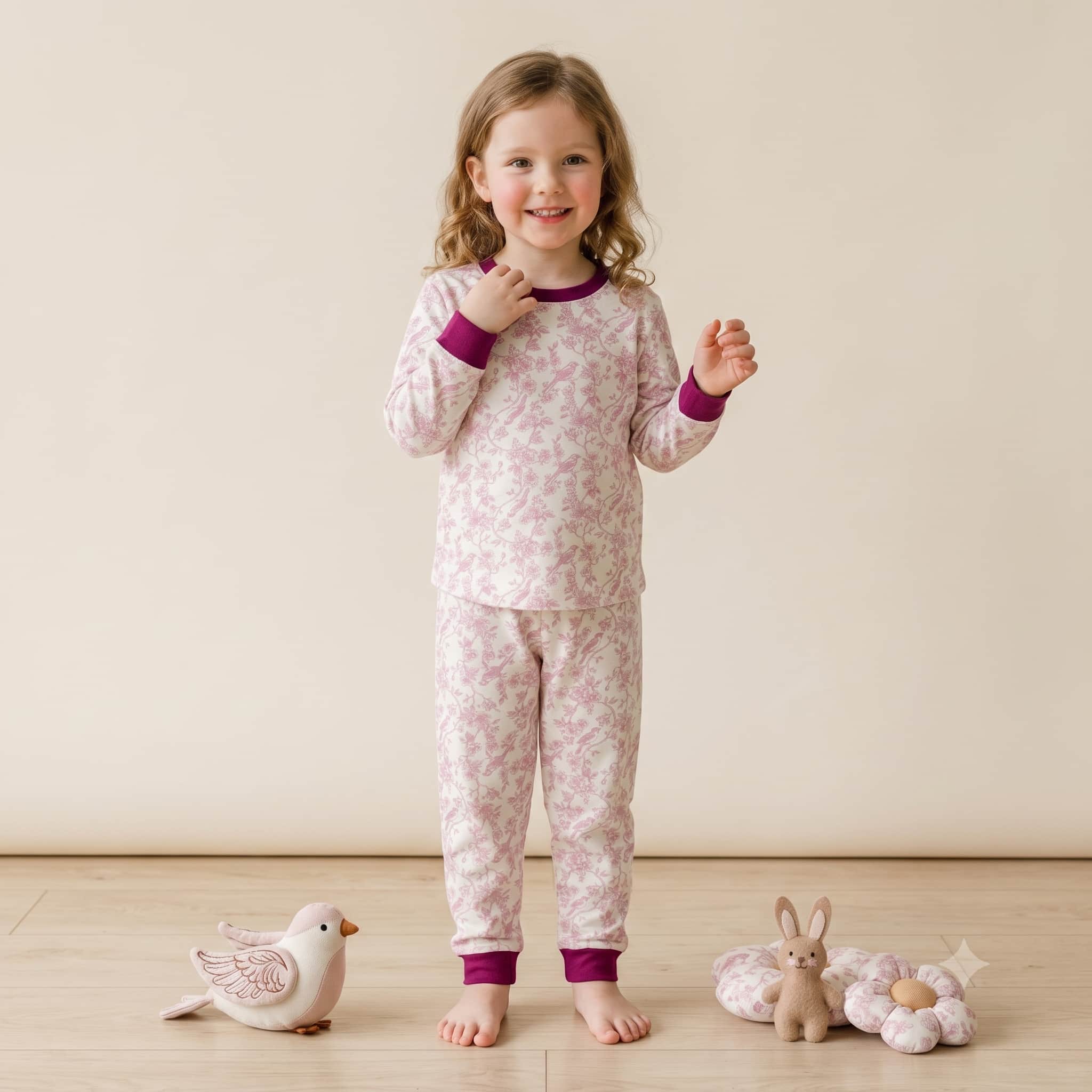 Vintage Toile Girls Full Sleeves Pajama Set - Burgundy