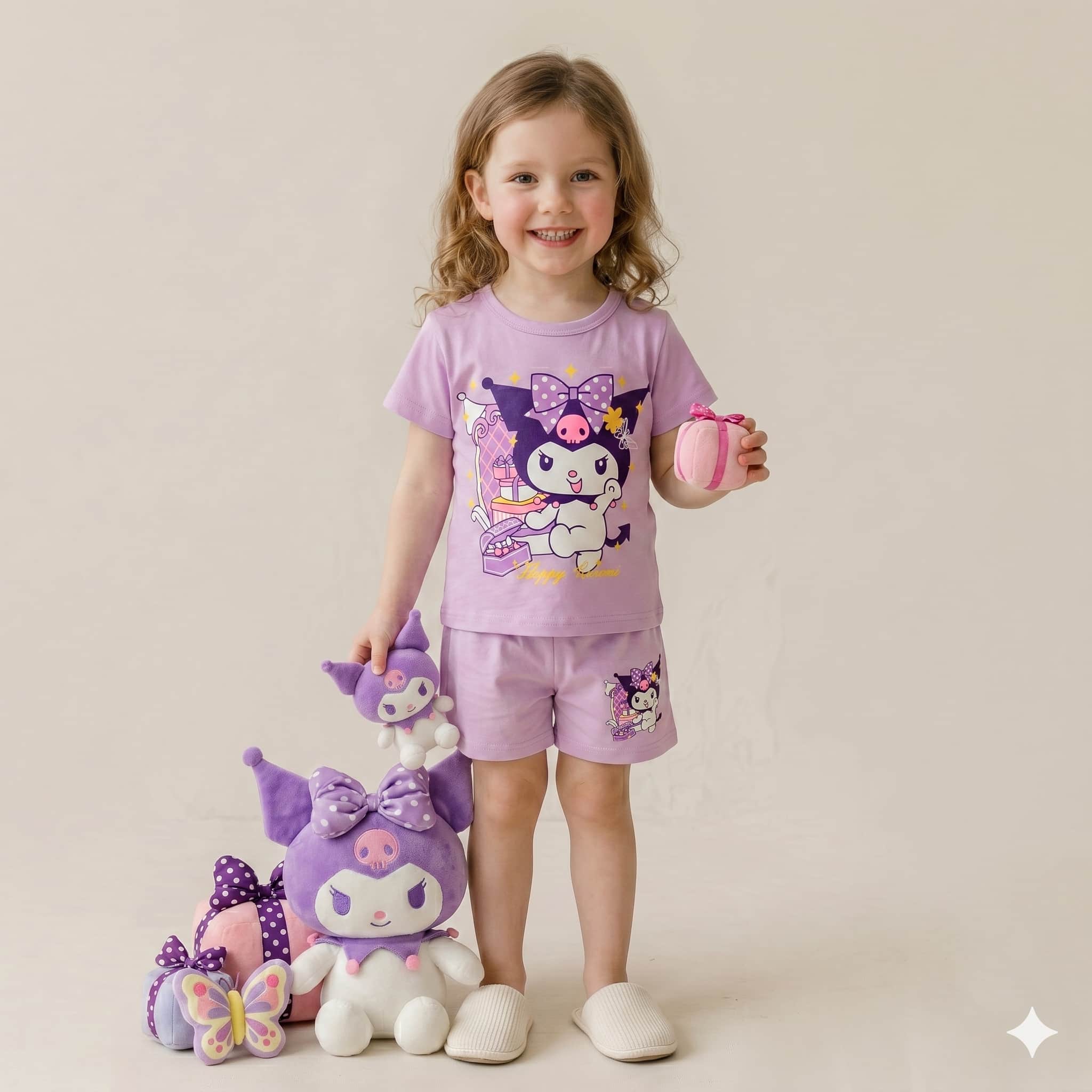 Kuromi Charm Girls Half Sleeves Short Set - Lavender