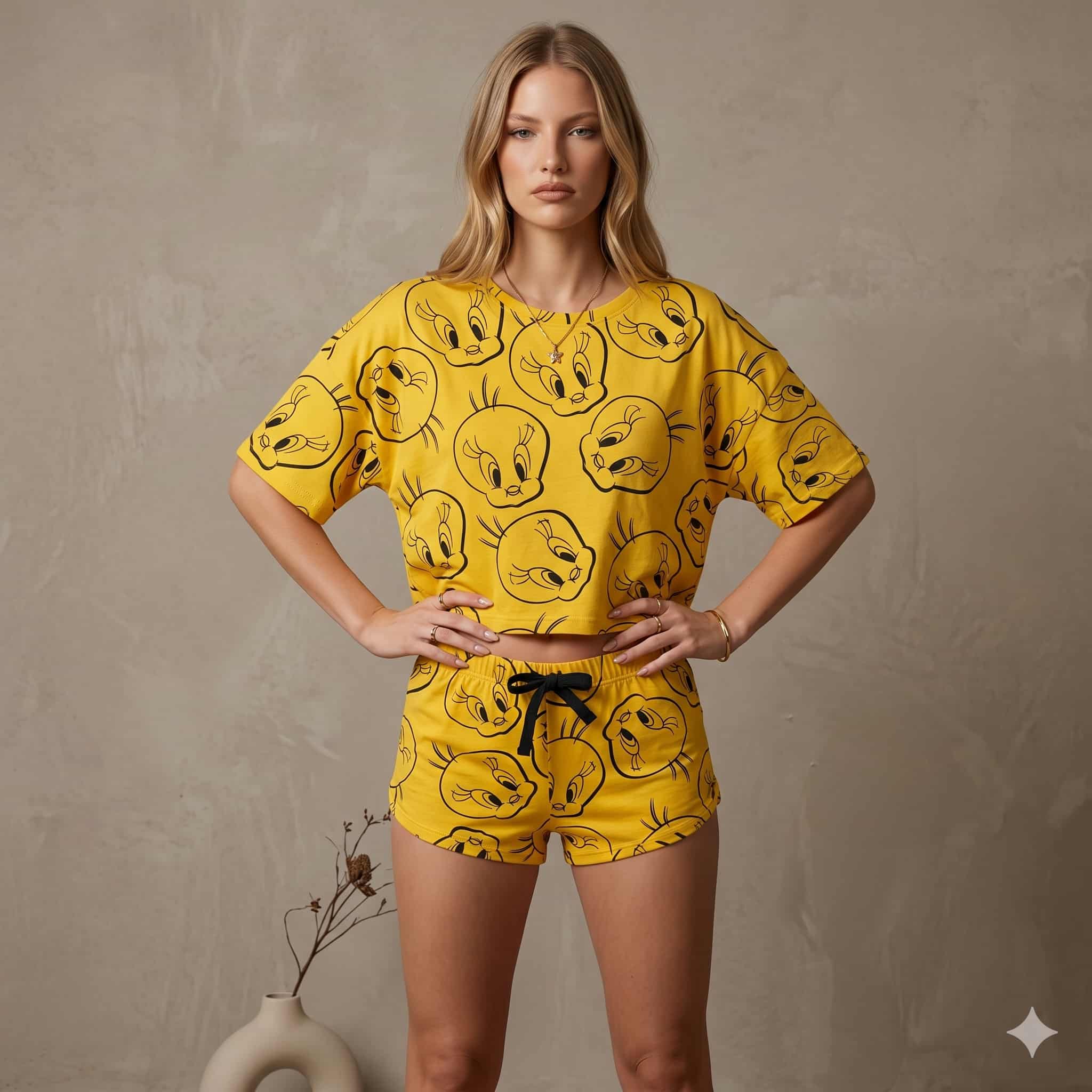 Sunny Tweet Women Half Sleeves Short Set - Yellow