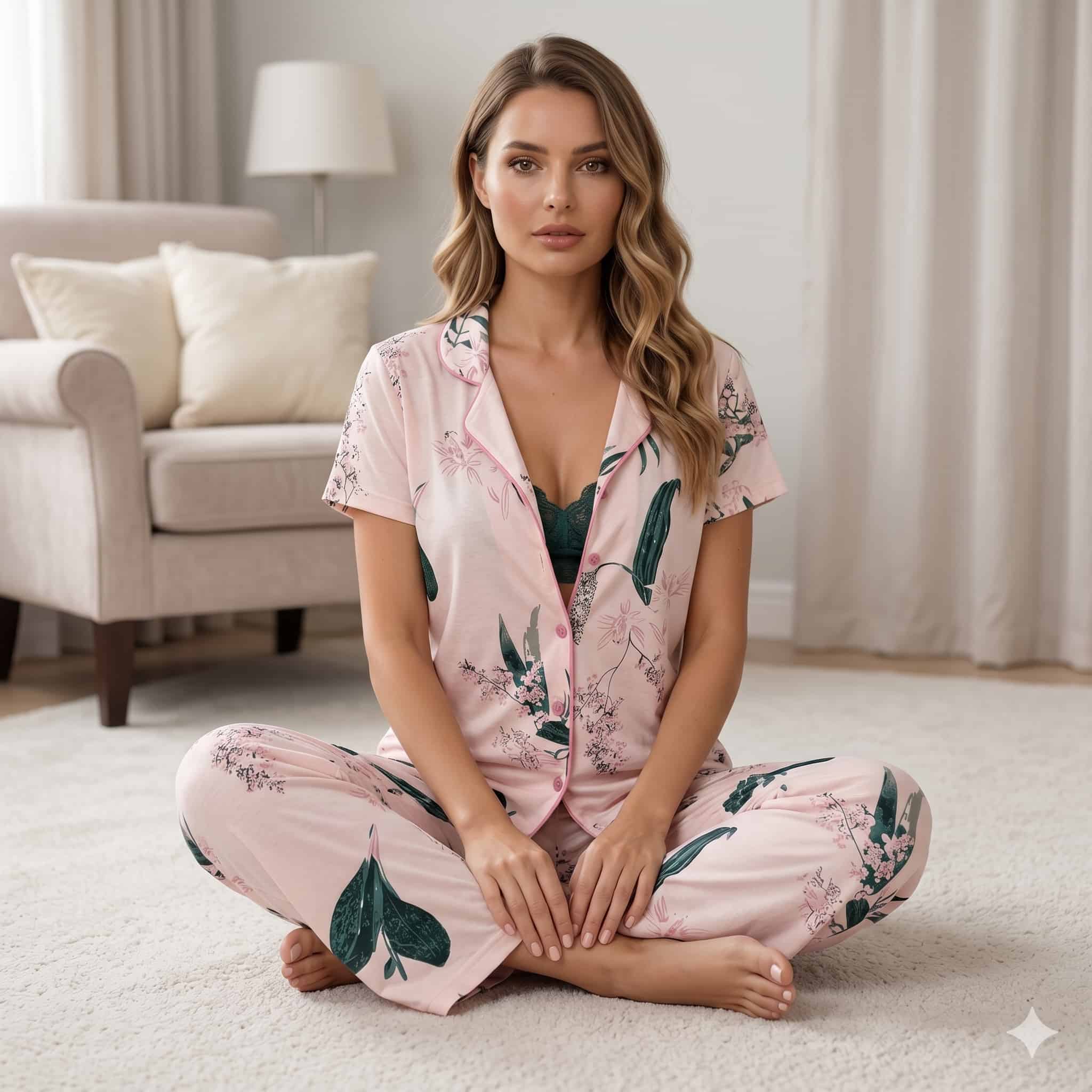 Floral Serenade  Women Half Sleeves Pajama Set - Light Pink