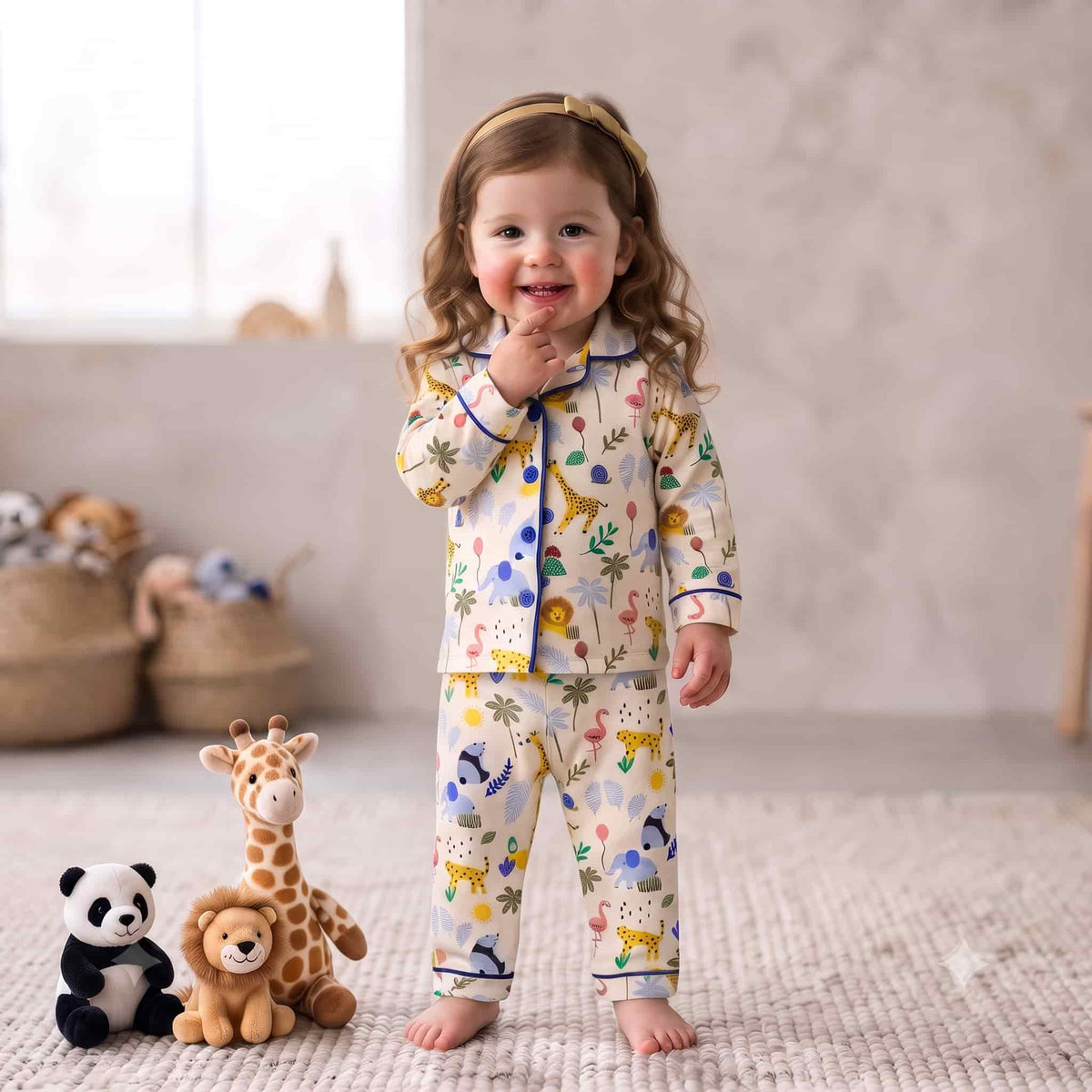Safari Slumber Baby Girls Full Sleeves Pajama Set - Cream