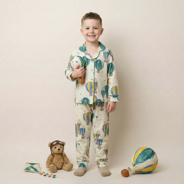 Hot Balloons Boys Button Pajama Set - Cream