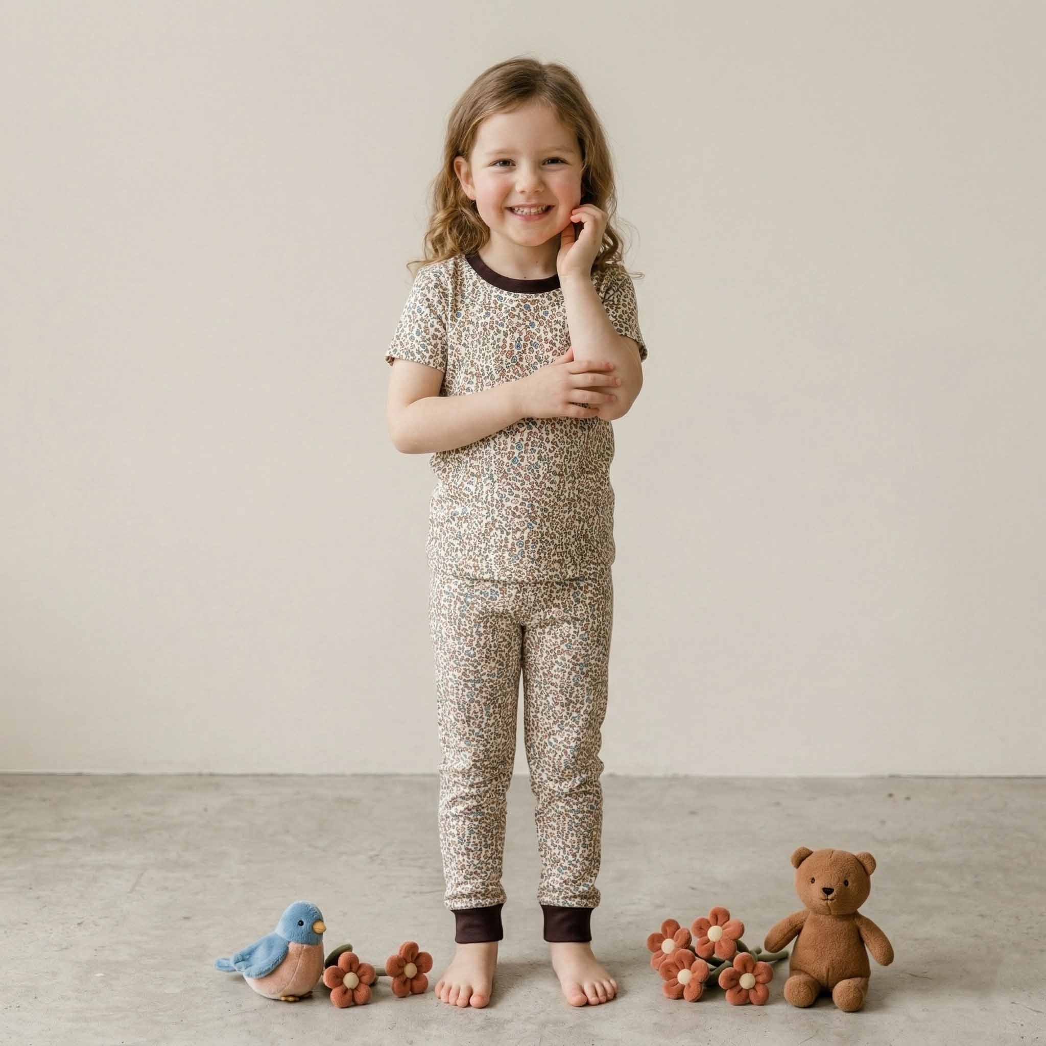 Delicate Spring Florals Girls Short Sleeves Pajama Set - Cream & Brown