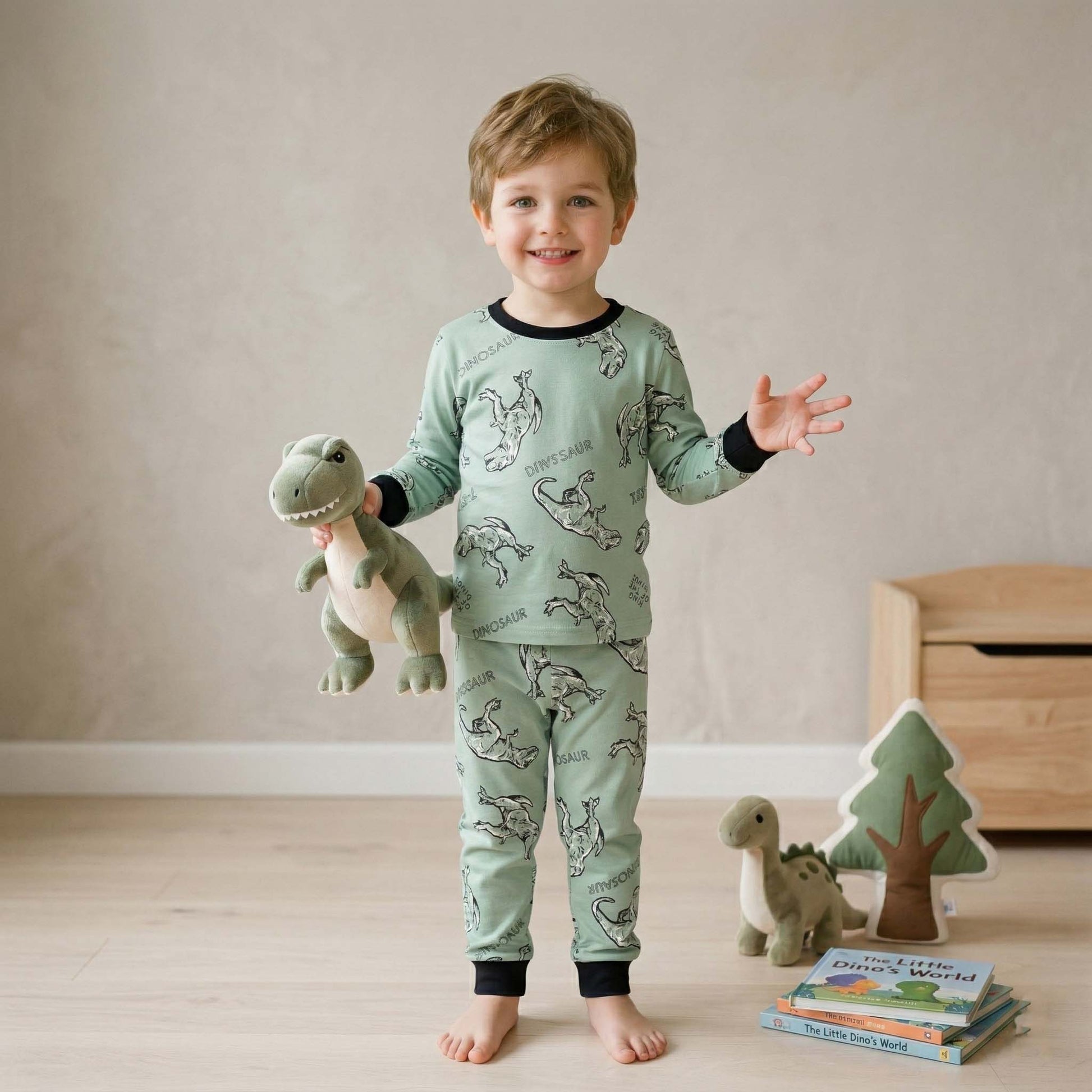 Dinosaur Boys Full Sleeves Pajama Set - Green