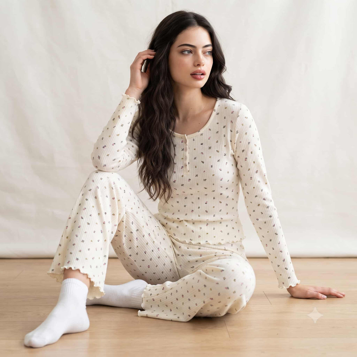 Petal Whisper Women Full Sleeves Pajama Set – Cream
