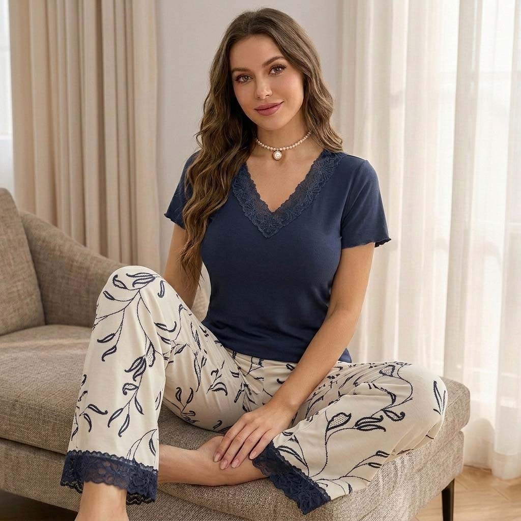 Laced Women Pajama Set - Navy Blue