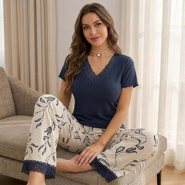 Laced Women Pajama Set - Navy Blue