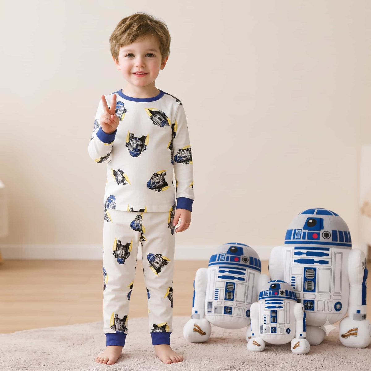 Astro Bot Boys Full Sleeves Pajama Set - Cream