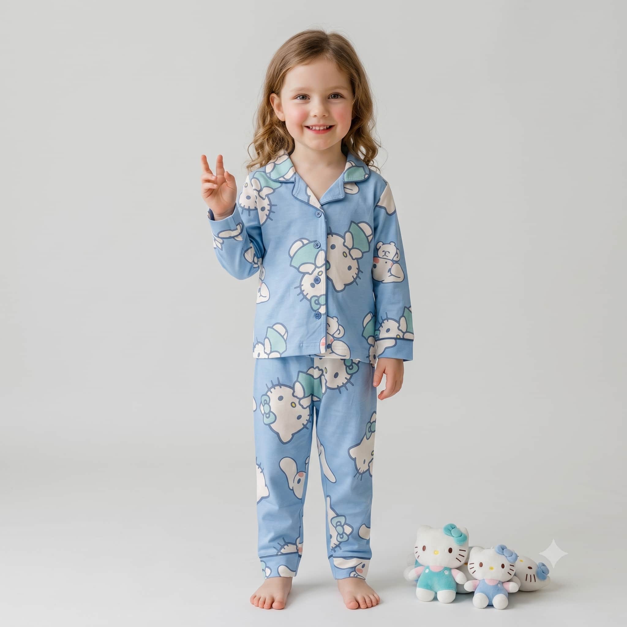 Hello Kitty Girls Full Sleeves Pajama Set – Sky Blue
