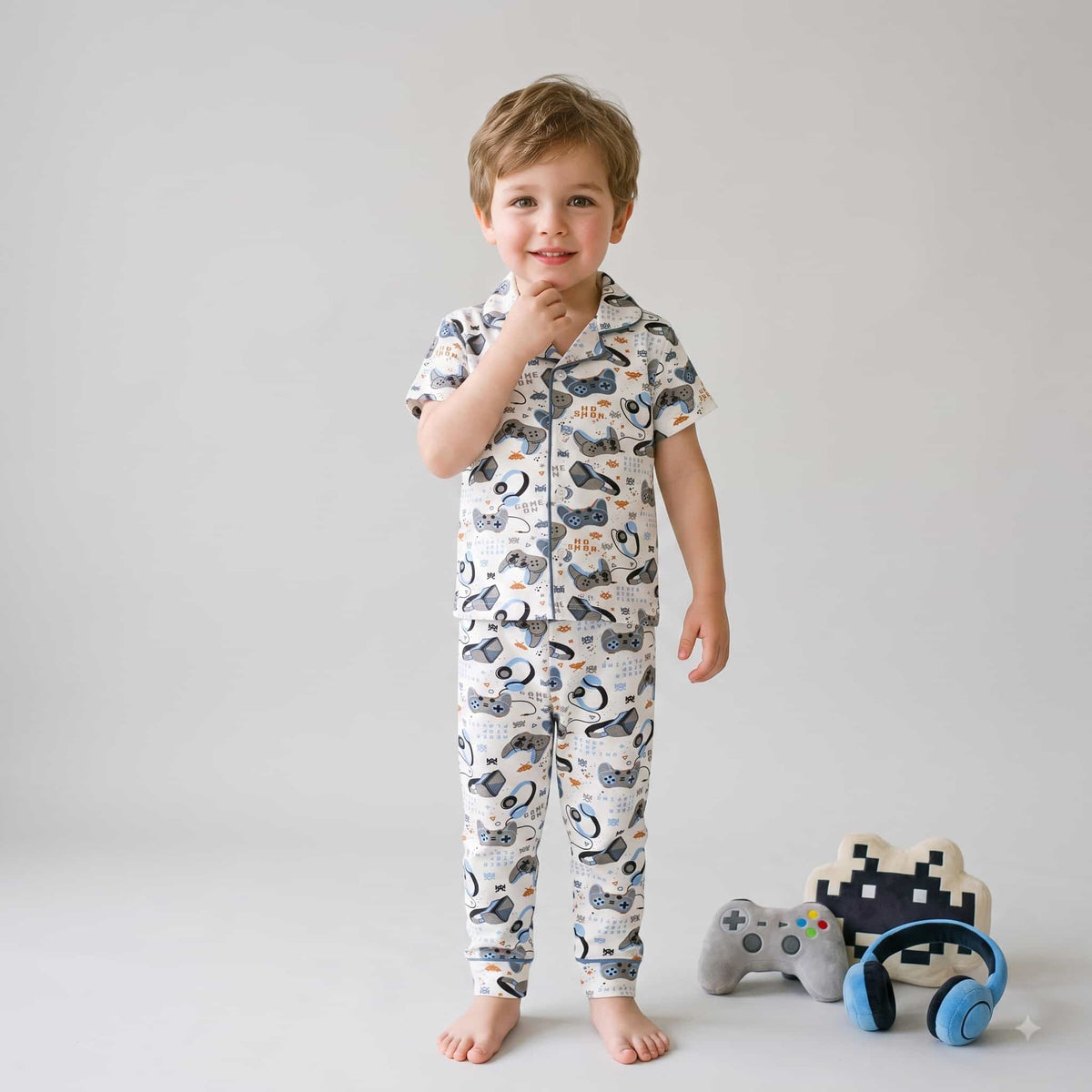 Level Up Boys Half Sleeves Pajama Set - White