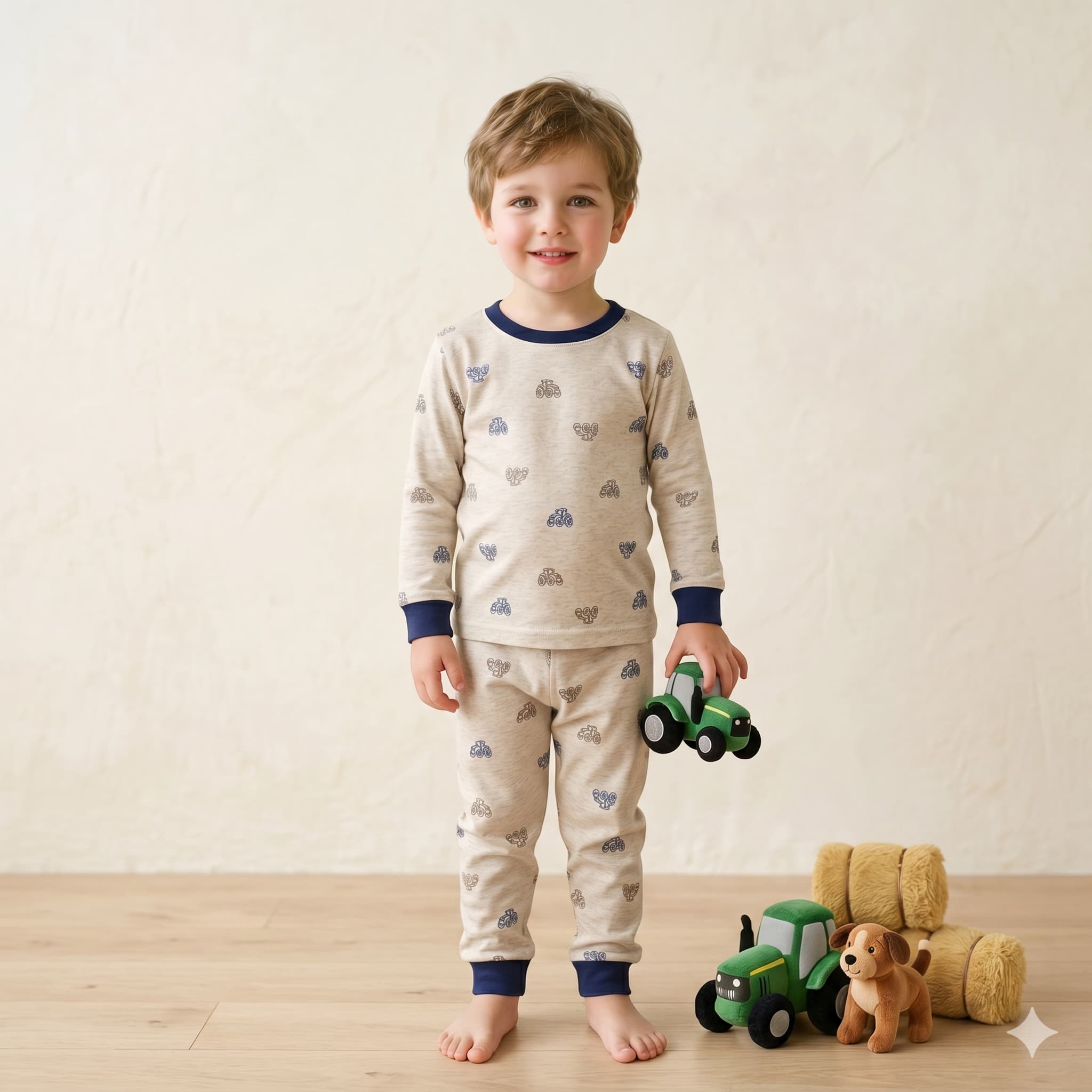 Tractor Trails Boys Long Sleeves Pajama Set - Beige