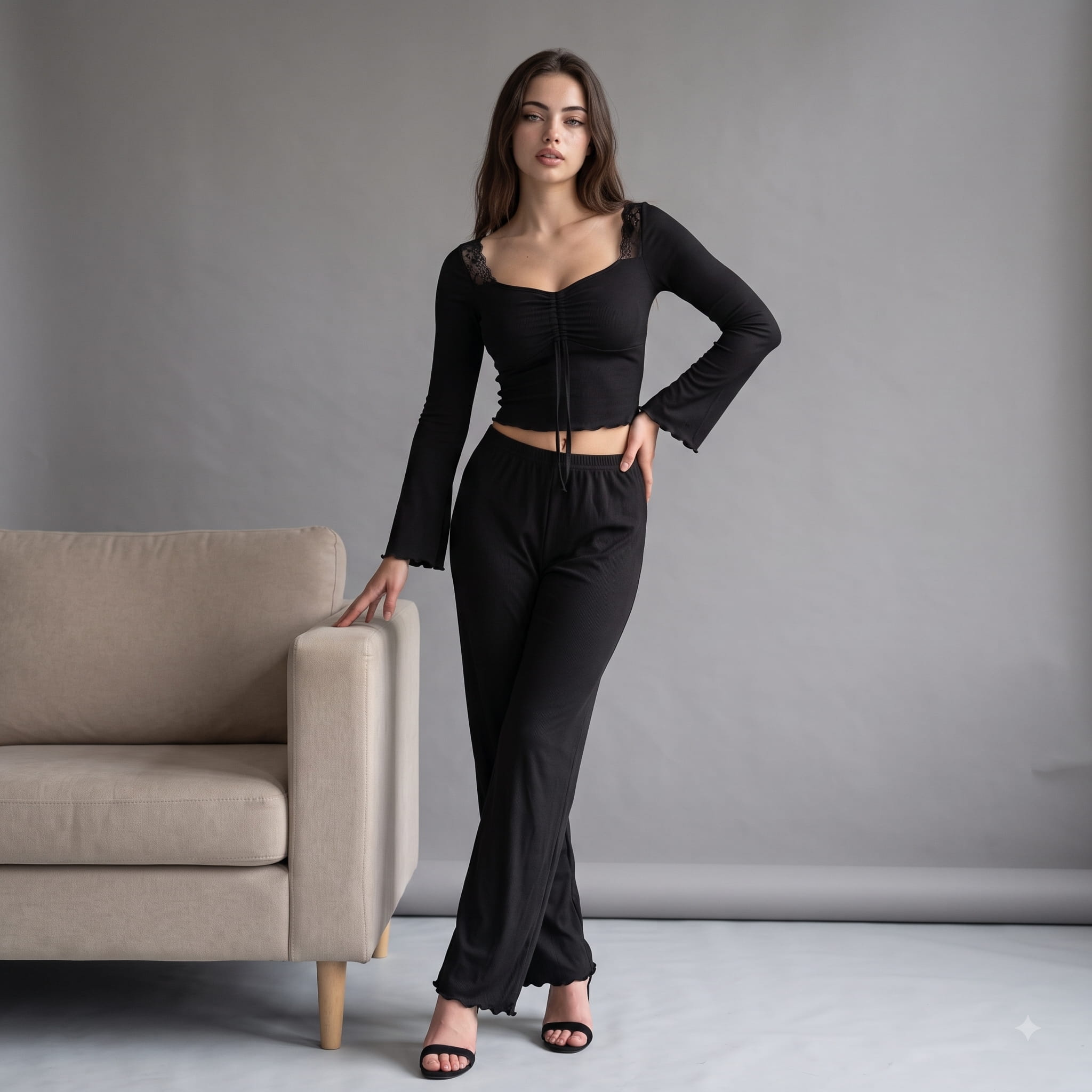 Square Neck Pointelle Knit Women Pajama Set - Black