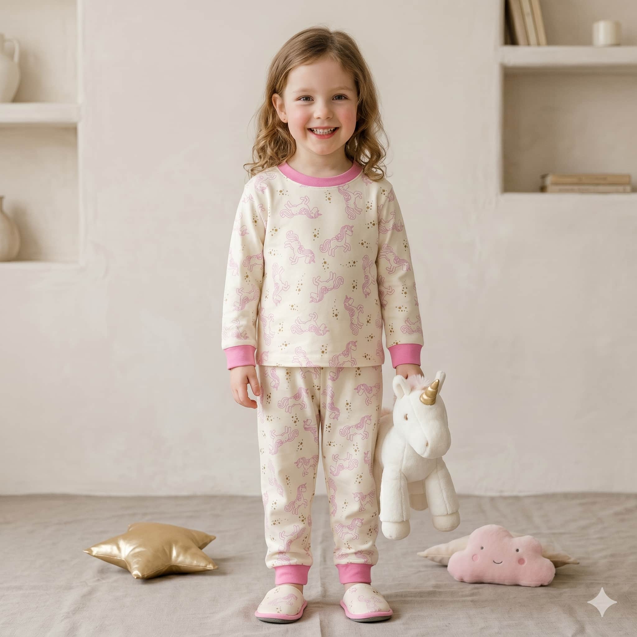 Unicorn Sparkle Girls Full Sleeves Pajama Set - Cream