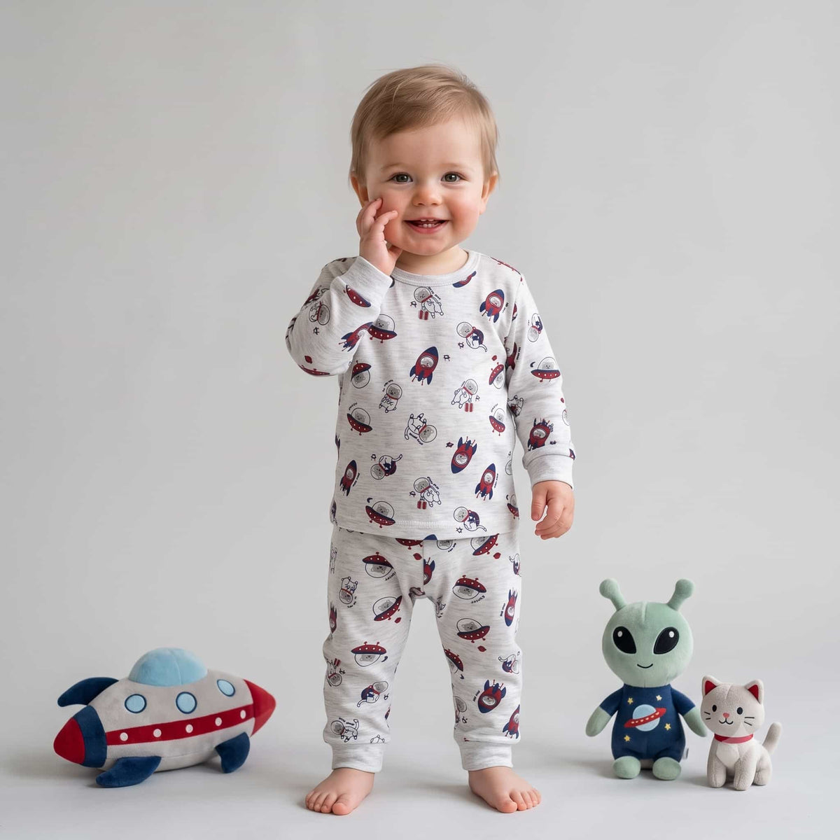 Aliens Baby Boys Full Sleeves Pajama Set – Grey
