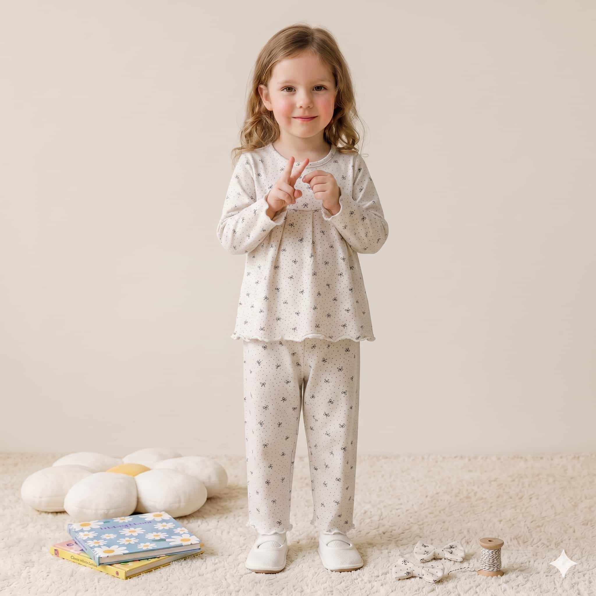 Petite Bows Girls Full Sleeves Pajama Set - Cream