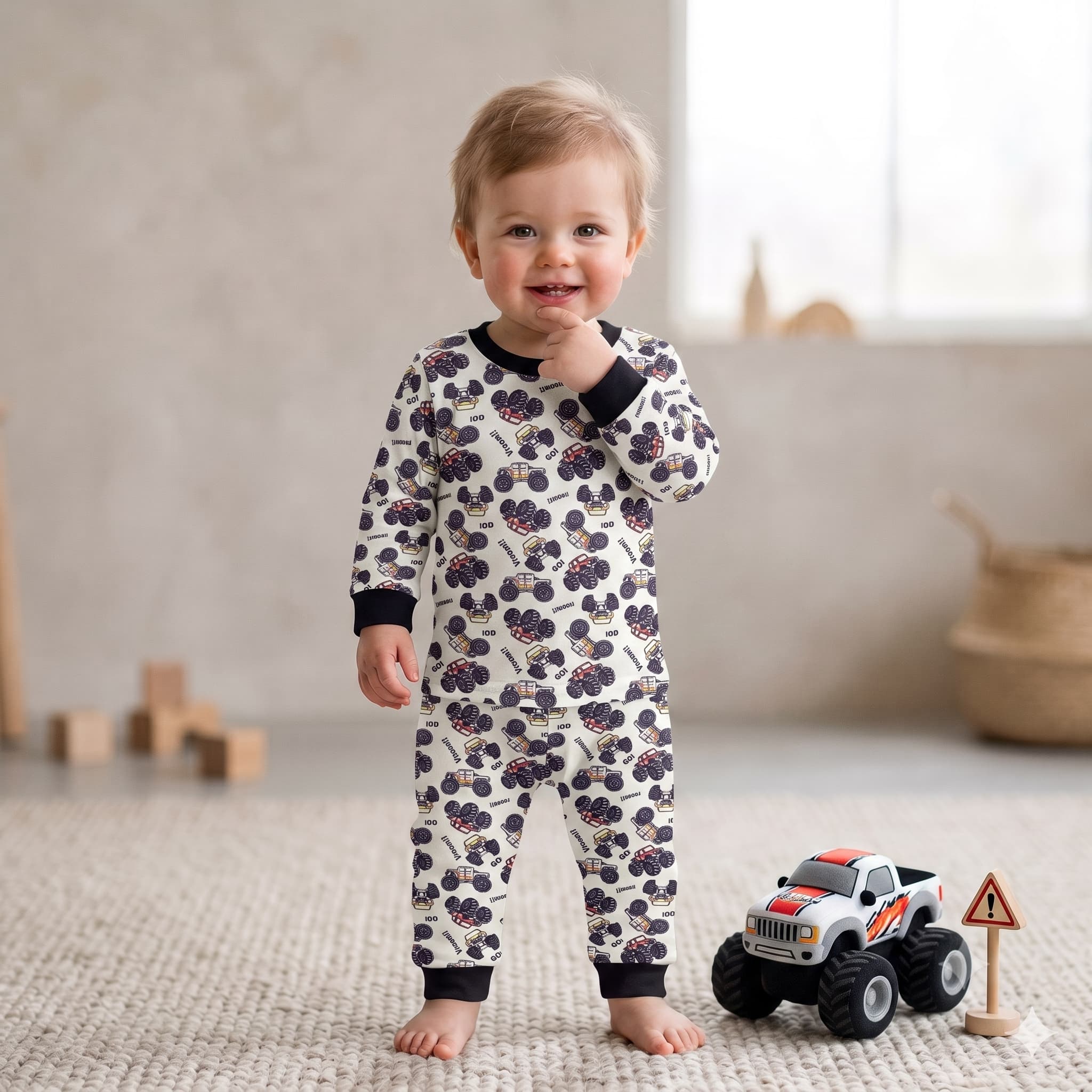Monster Rush Baby Boys Full Sleeves Pajama Set – Cream