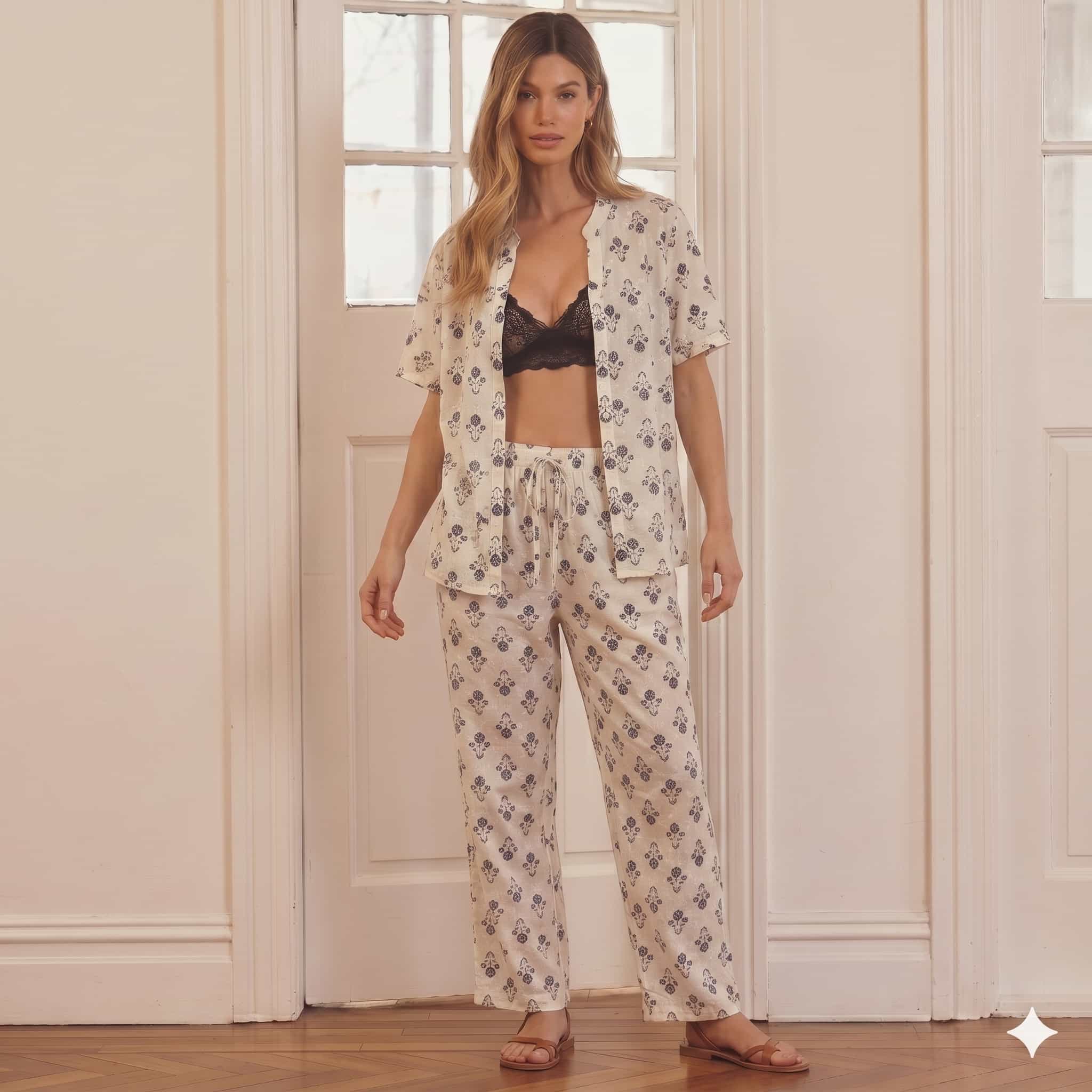 Indigo Charm Women Half Sleeves Pajama Set – White Blue