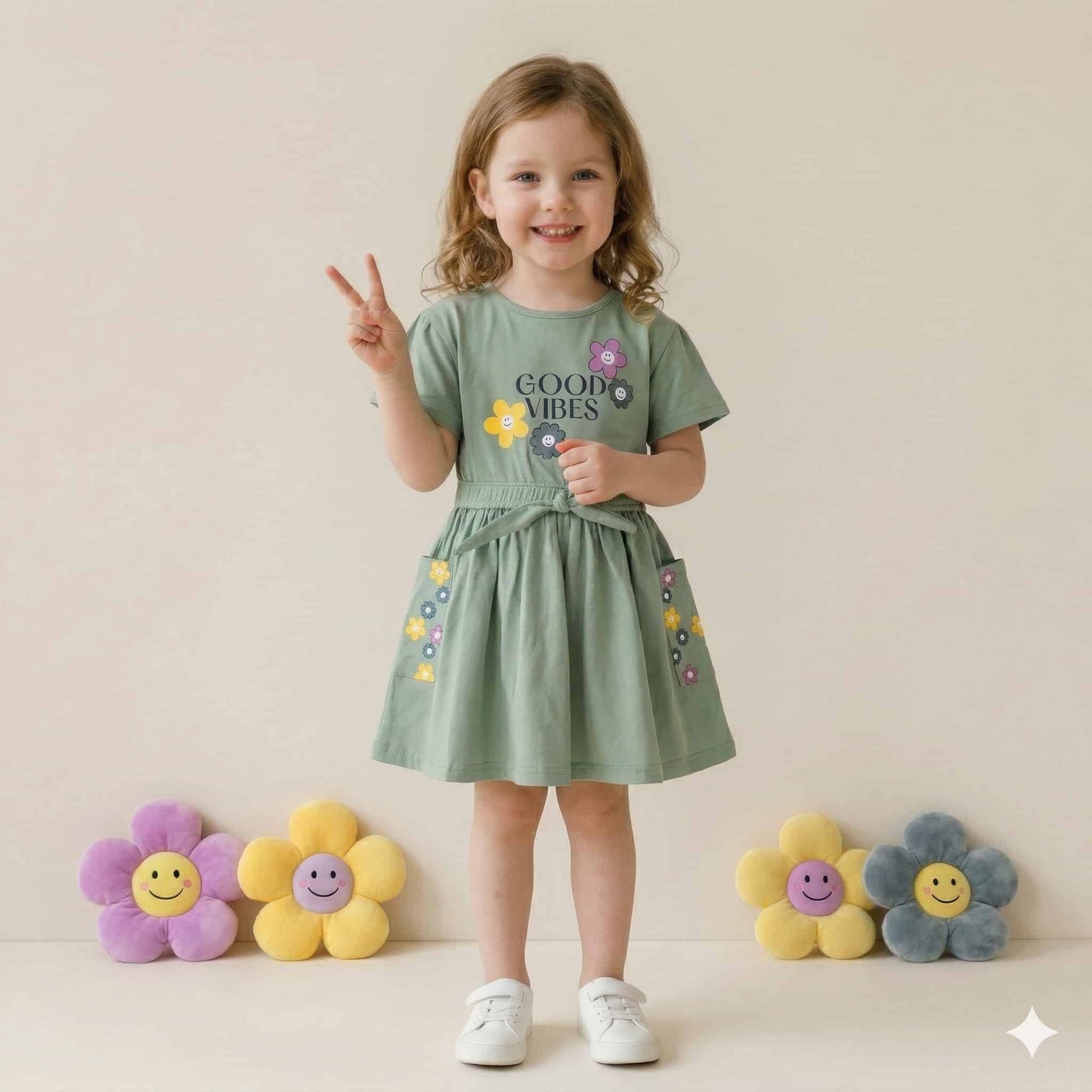 Good Vibes Girl Frock - Dark Green