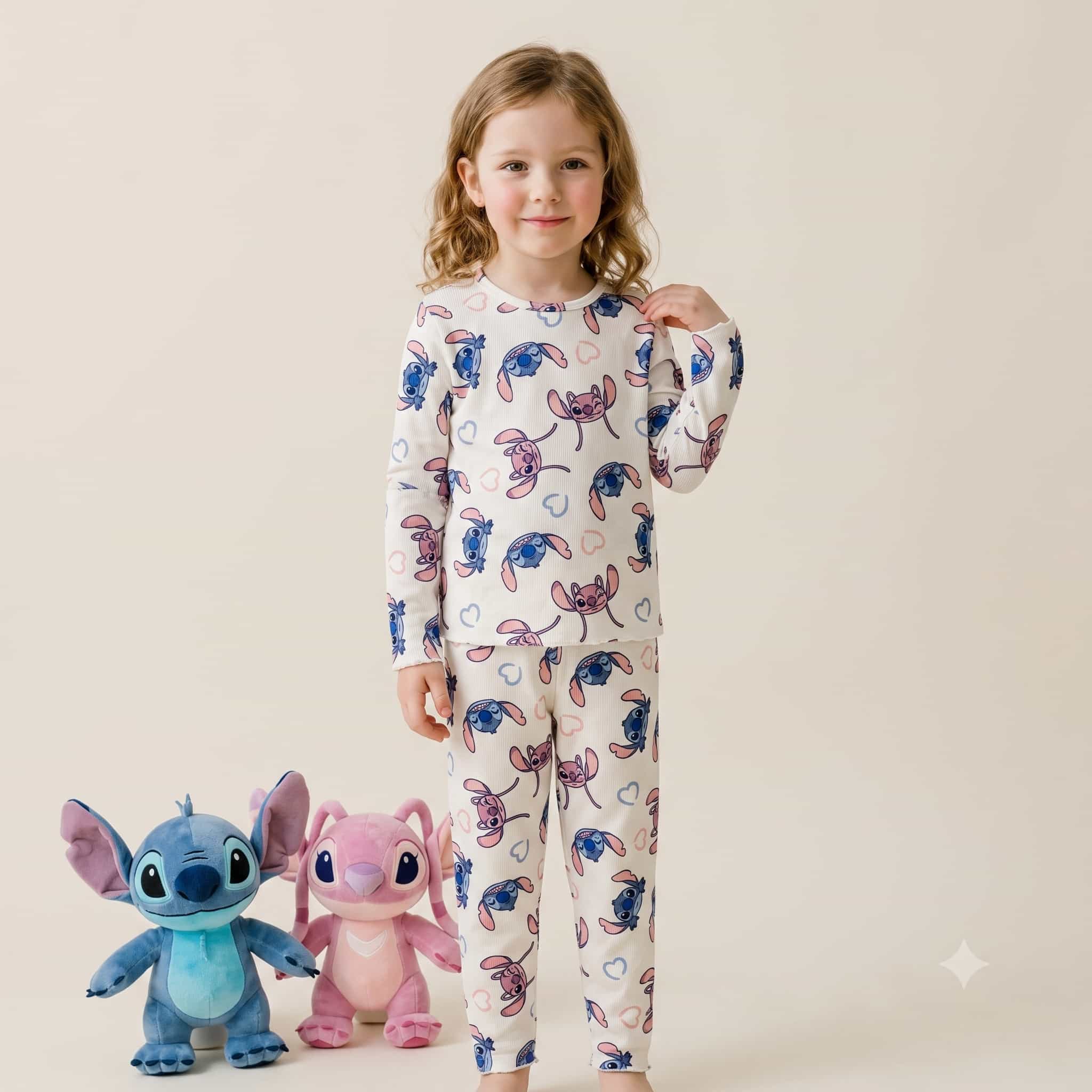 Stitch Girls Full Sleeves Pajama Set – Cream