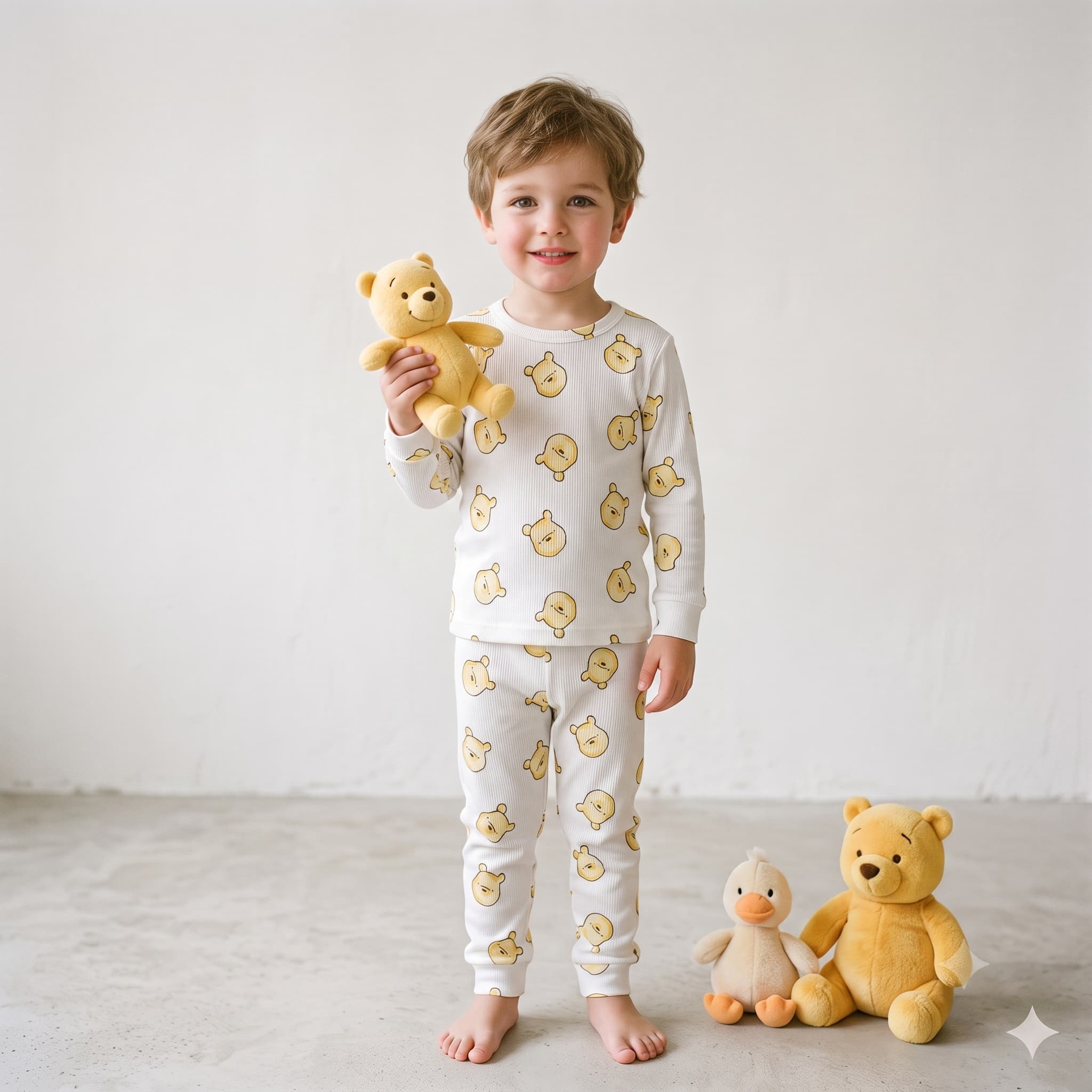 Honey Bear Boys Full Sleeves Pajama Set - Cream